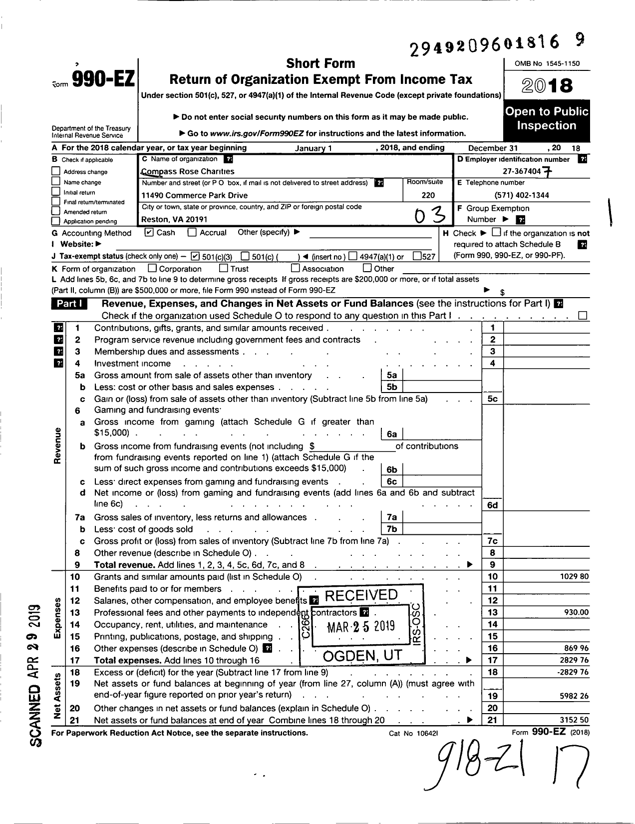 Image of first page of 2018 Form 990EZ for Compass Rose Charities