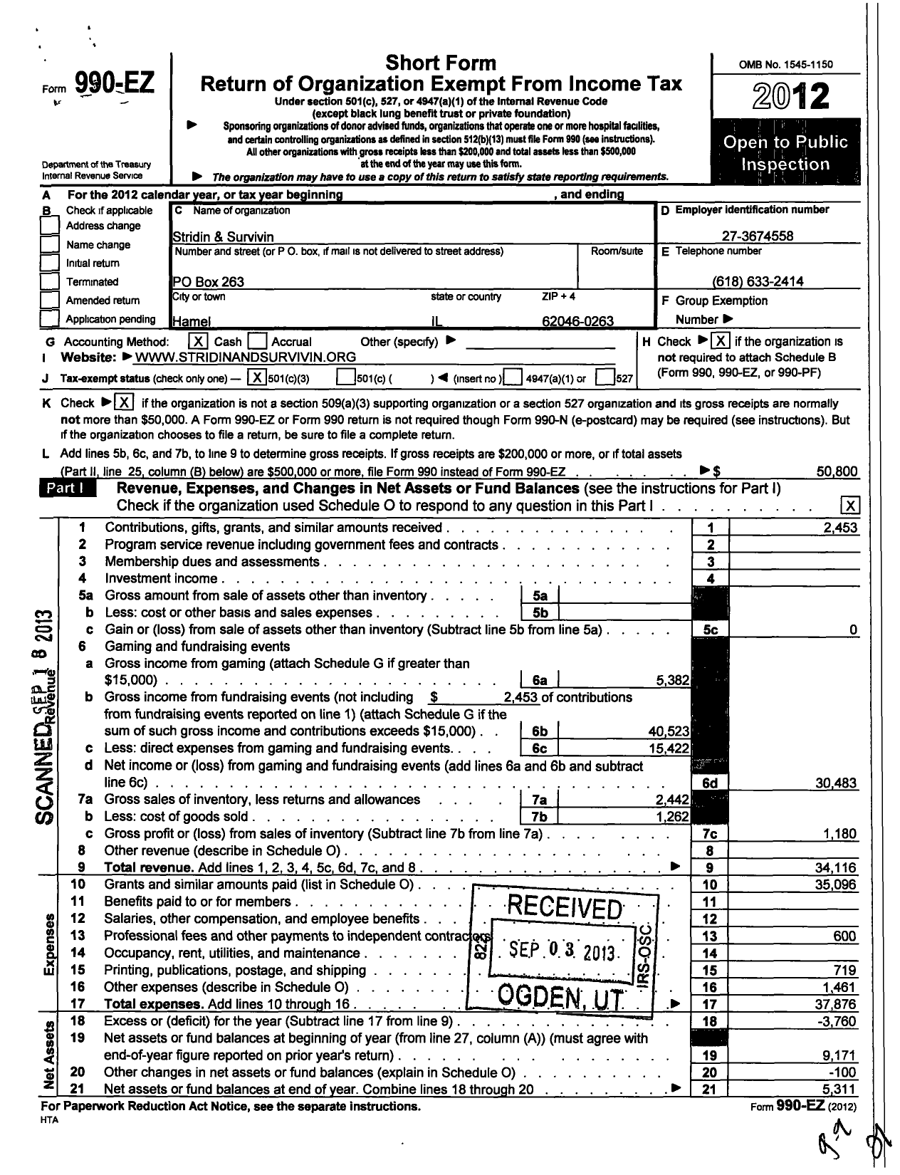 Image of first page of 2012 Form 990EZ for Stridin and Survivin