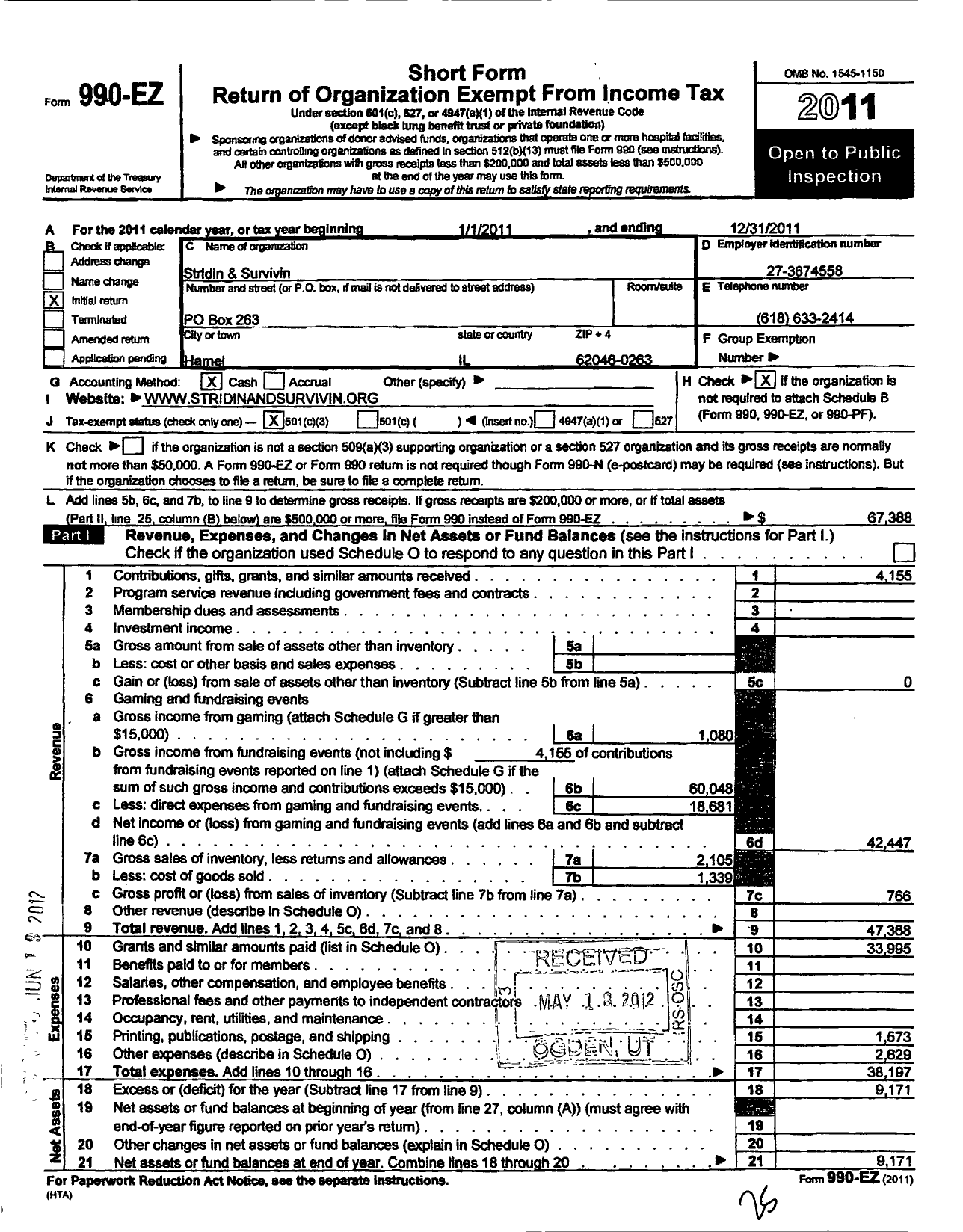 Image of first page of 2011 Form 990EZ for Stridin and Survivin