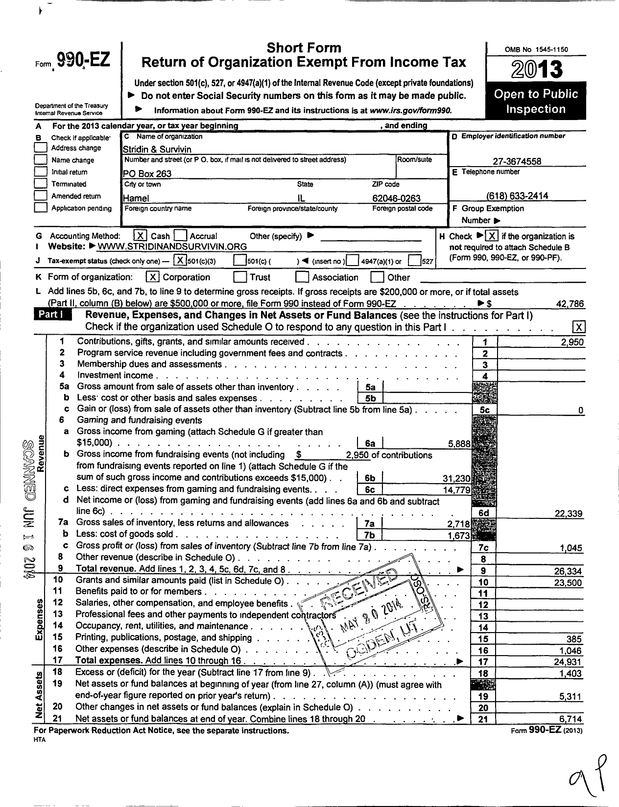 Image of first page of 2013 Form 990EZ for Stridin and Survivin