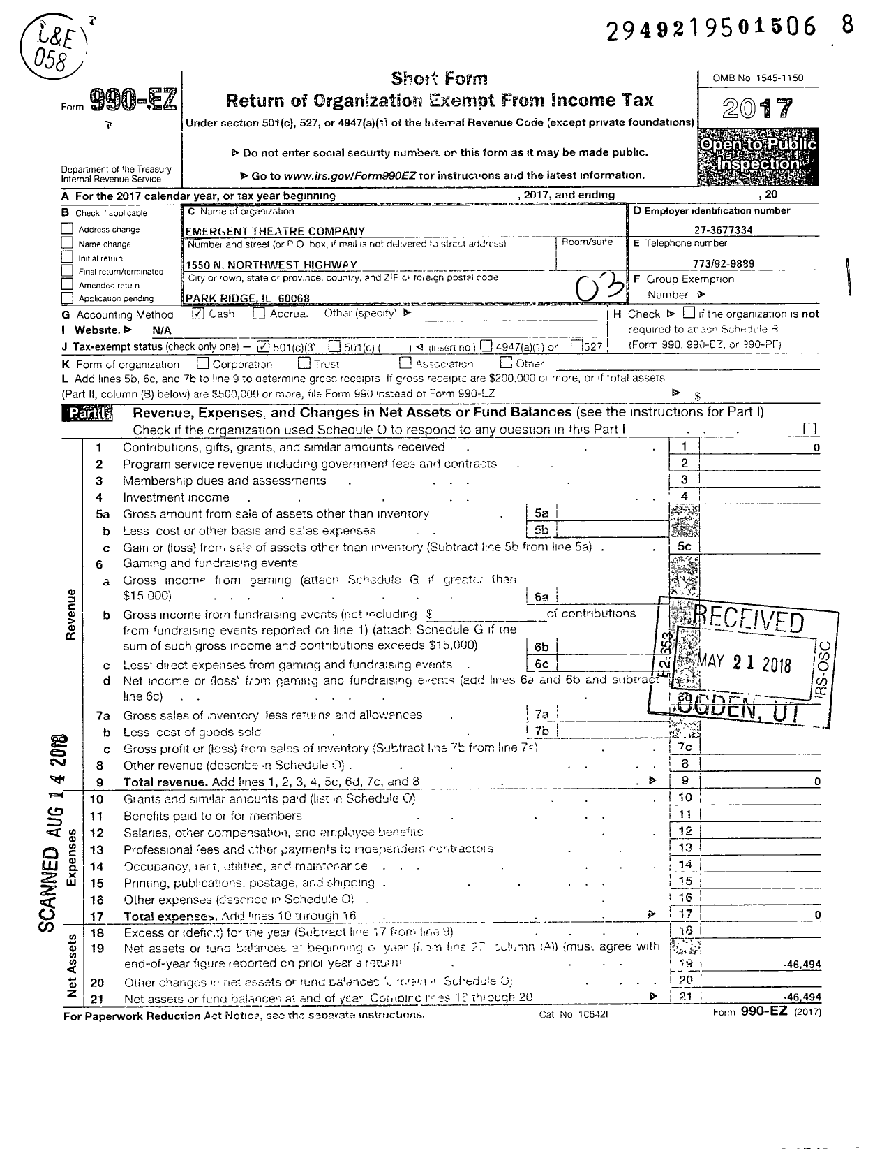 Image of first page of 2017 Form 990EZ for Emergent Theatre Company