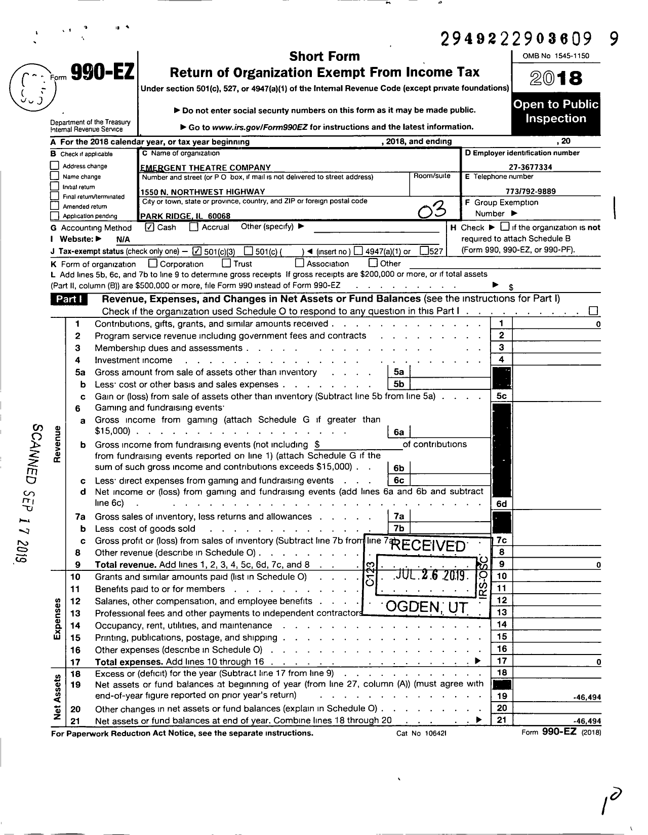 Image of first page of 2018 Form 990EZ for Emergent Theatre Company