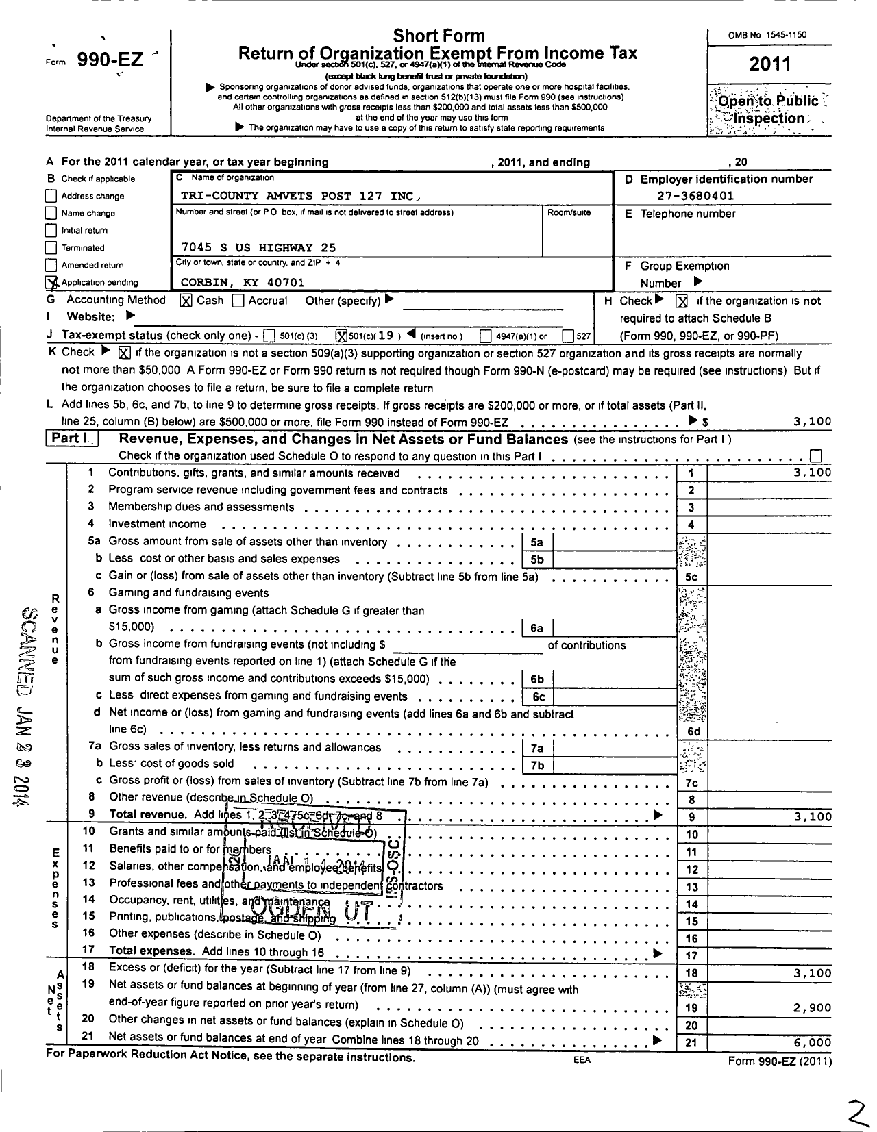 Image of first page of 2011 Form 990EO for Tri-County Amvets Post 127