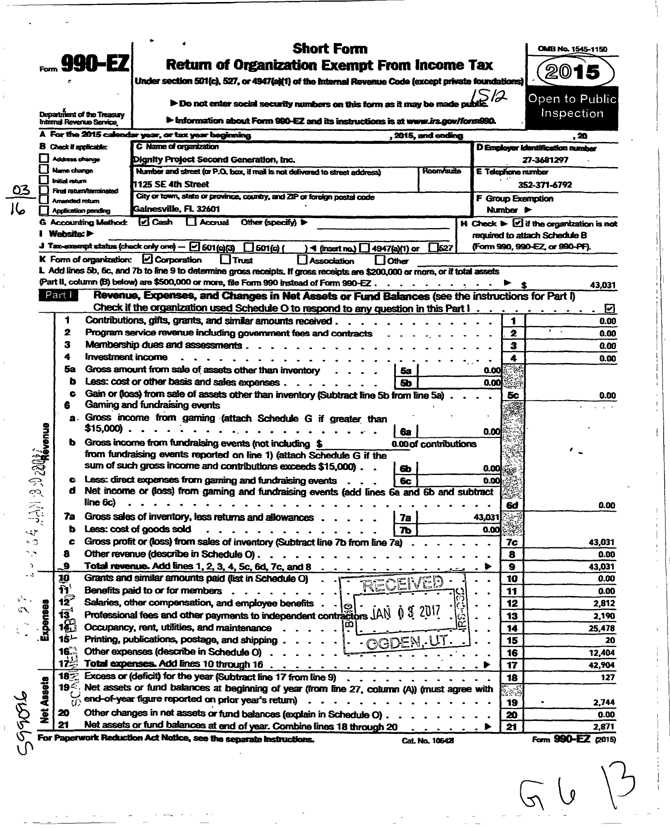 Image of first page of 2015 Form 990EZ for Dignity Project Second Generation