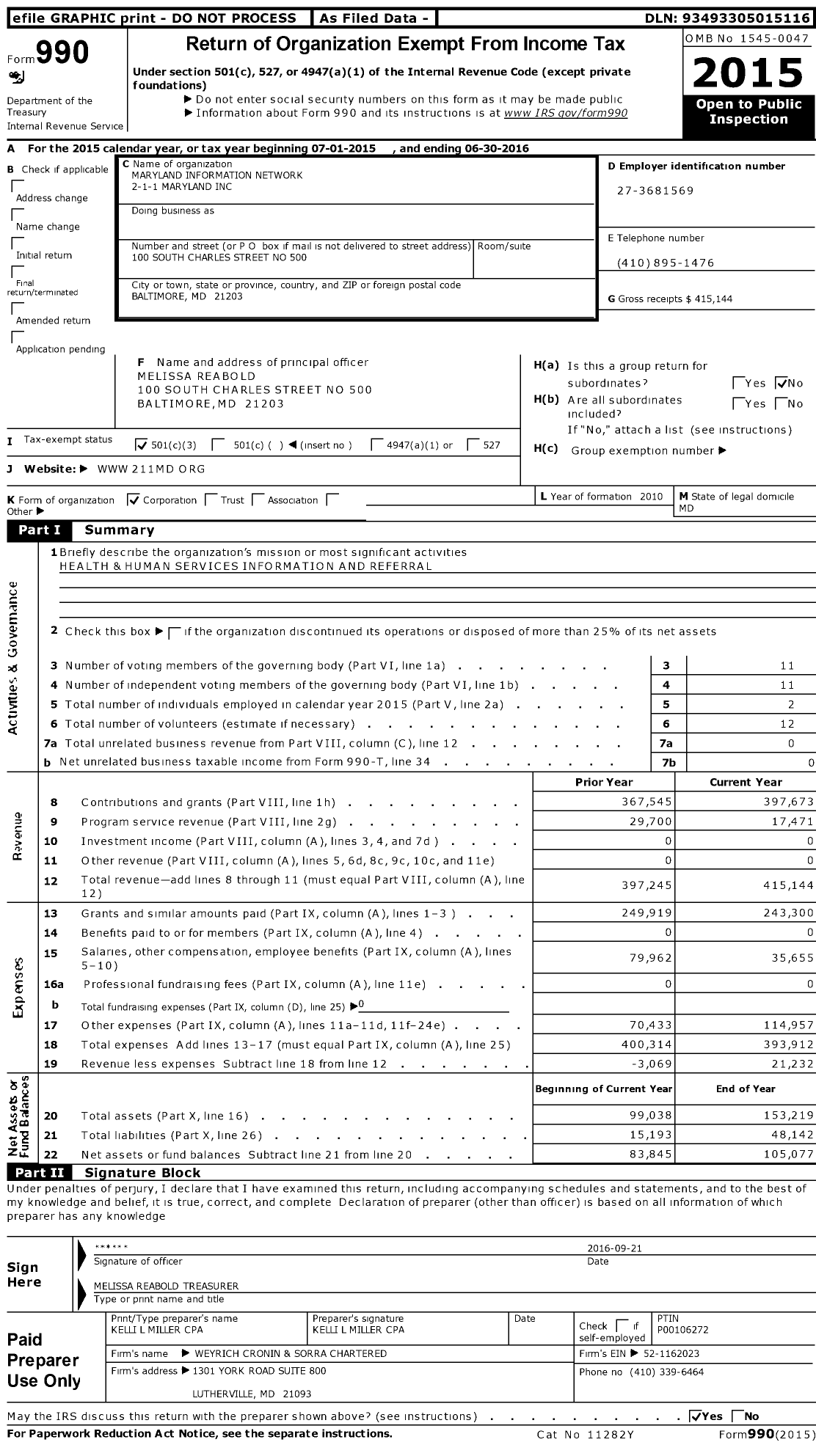 Image of first page of 2015 Form 990 for Maryland Information Network 2-1-1 Maryland