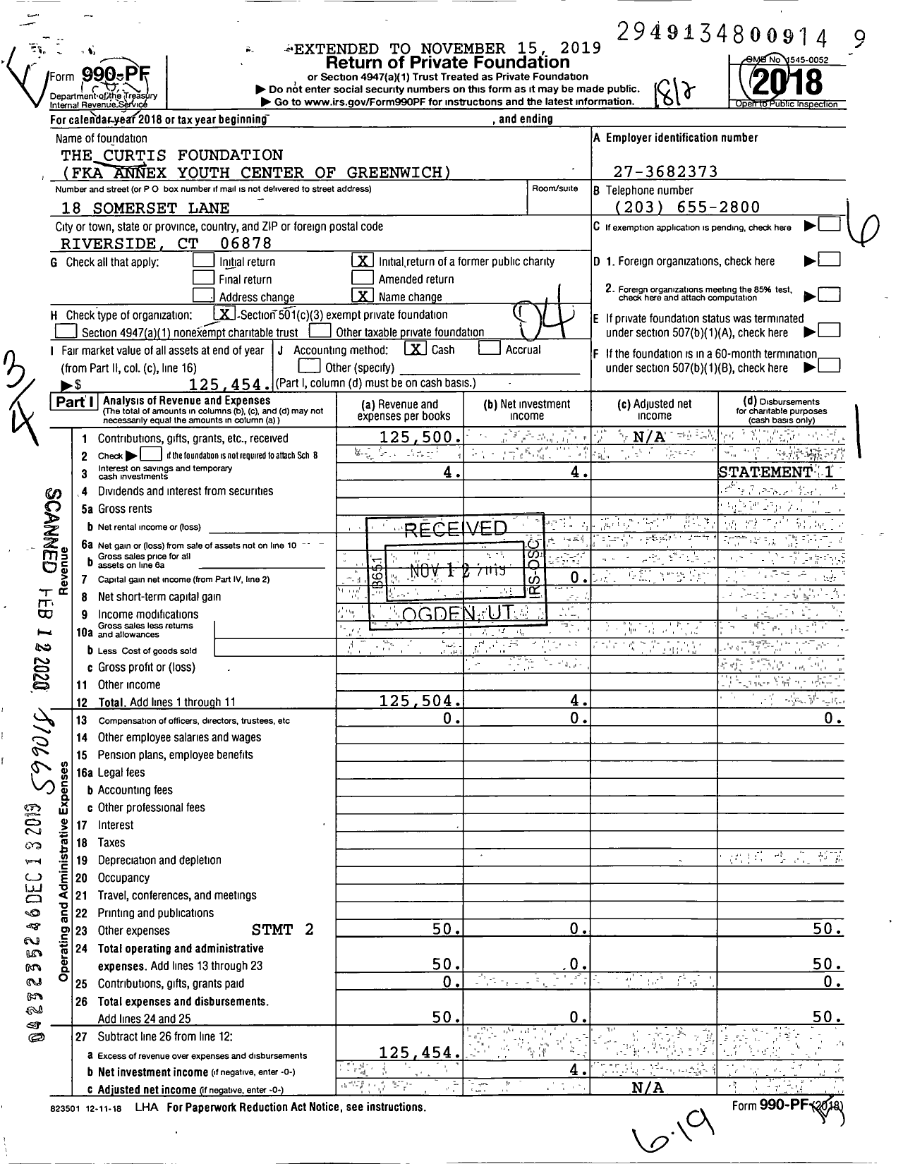 Image of first page of 2018 Form 990PF for The Curtis Foundation