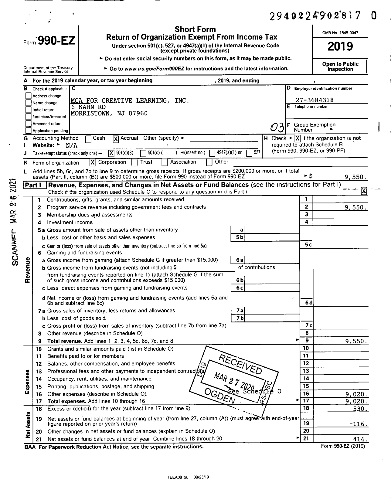 Image of first page of 2019 Form 990EZ for Mca for Creative Learning