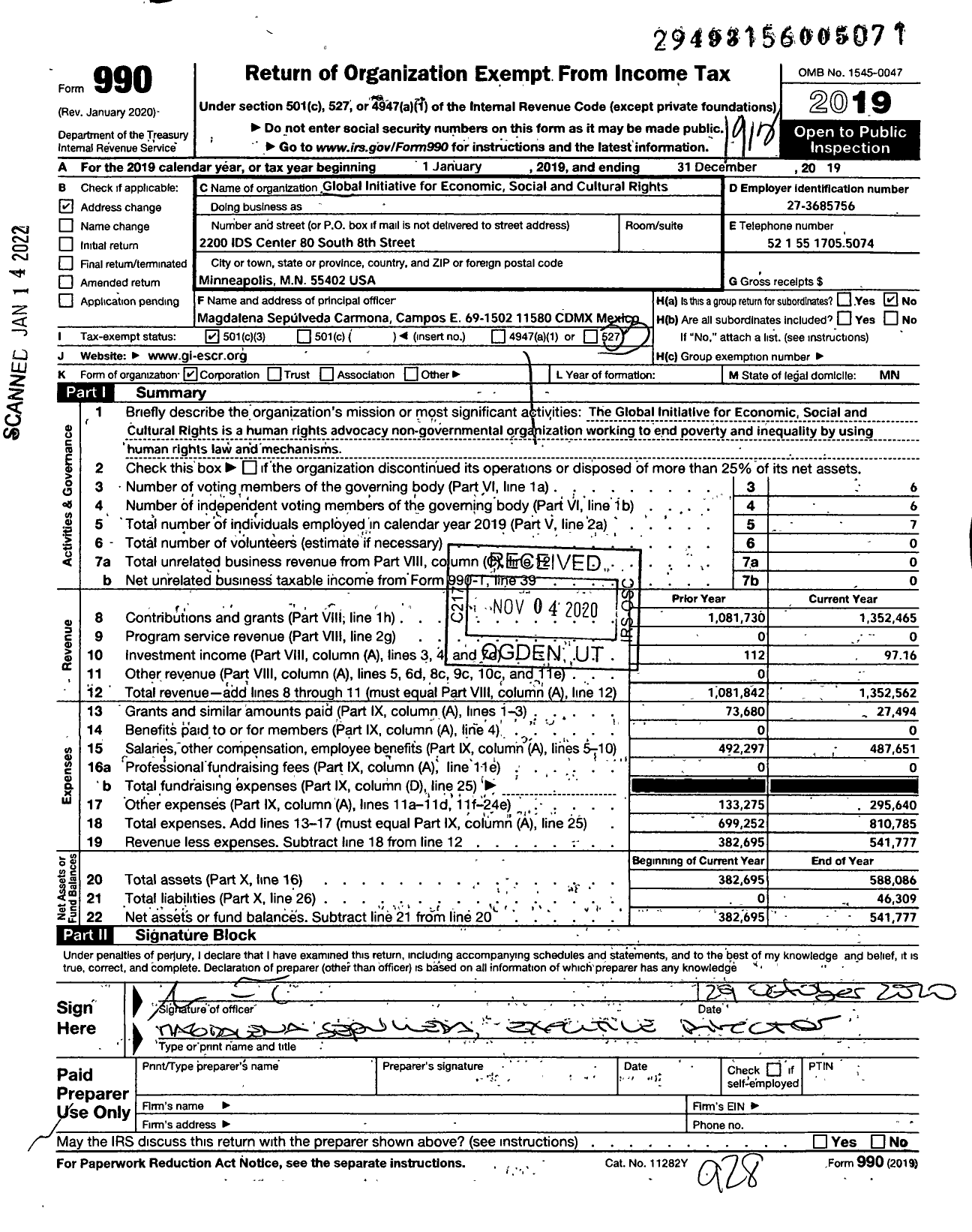 Image of first page of 2019 Form 990 for Global Initiative for Economic Social and Cultural Rights