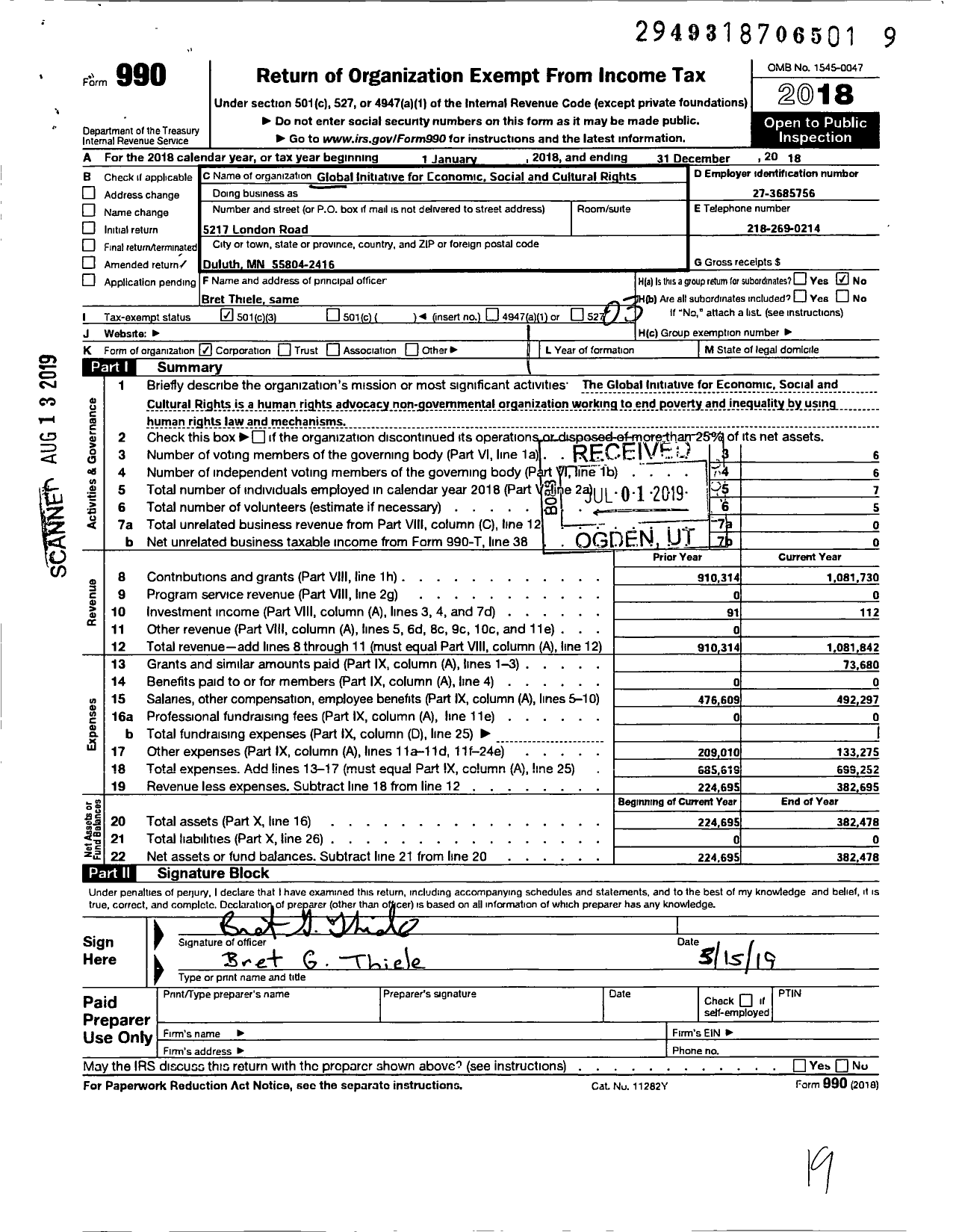 Image of first page of 2018 Form 990 for Global Initiative for Economic Social and Cultural Rights