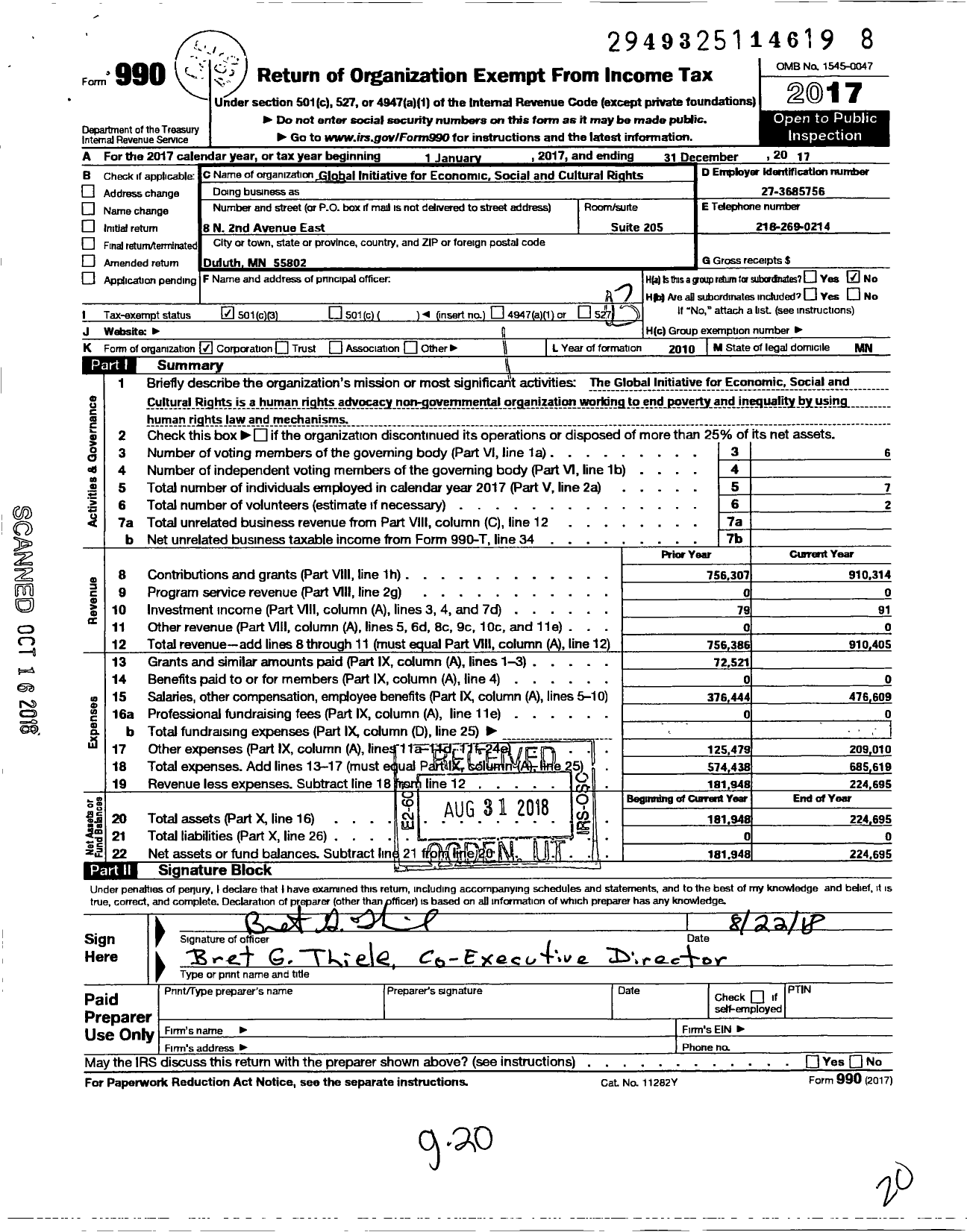 Image of first page of 2017 Form 990 for Global Initiative for Economic Social and Cultural Rights