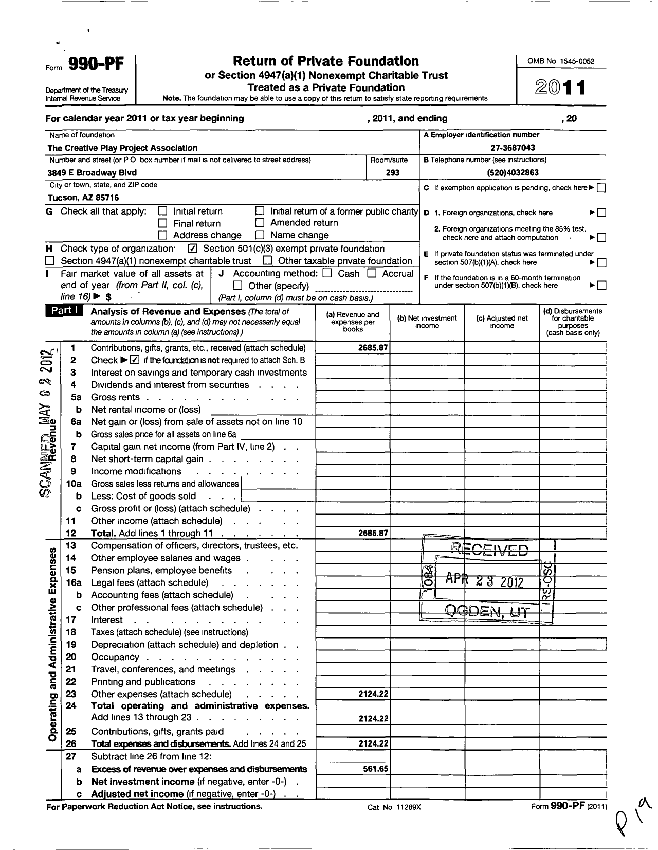 Image of first page of 2011 Form 990PF for The Creative Play Project Association