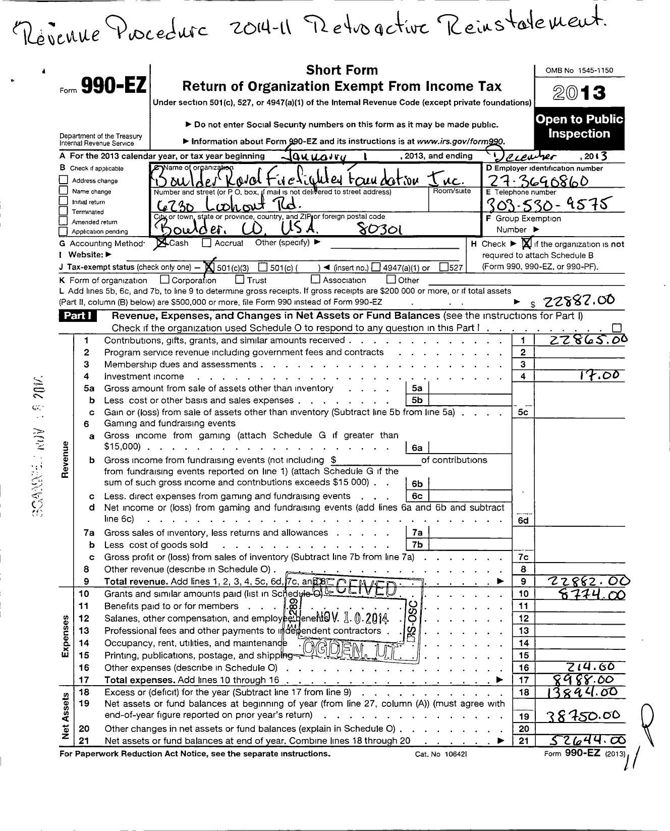 Image of first page of 2013 Form 990EZ for Boulder Rural Firefighter Foundation