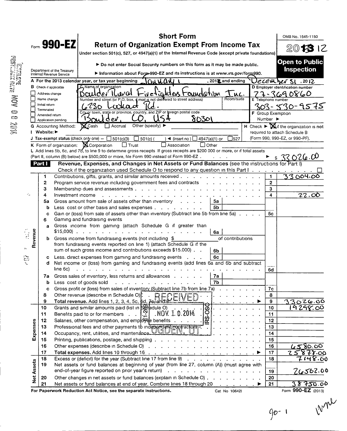 Image of first page of 2012 Form 990EO for Boulder Rural Firefighter Foundation