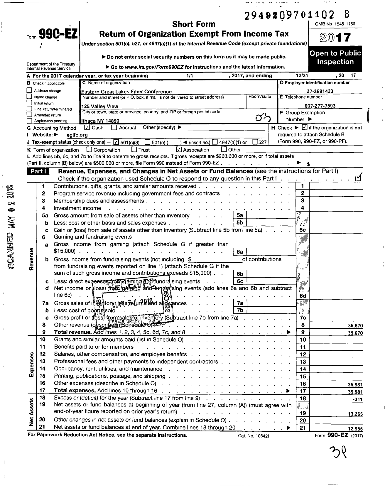 Image of first page of 2017 Form 990EZ for Eastern Great Lakes Fiber Conference