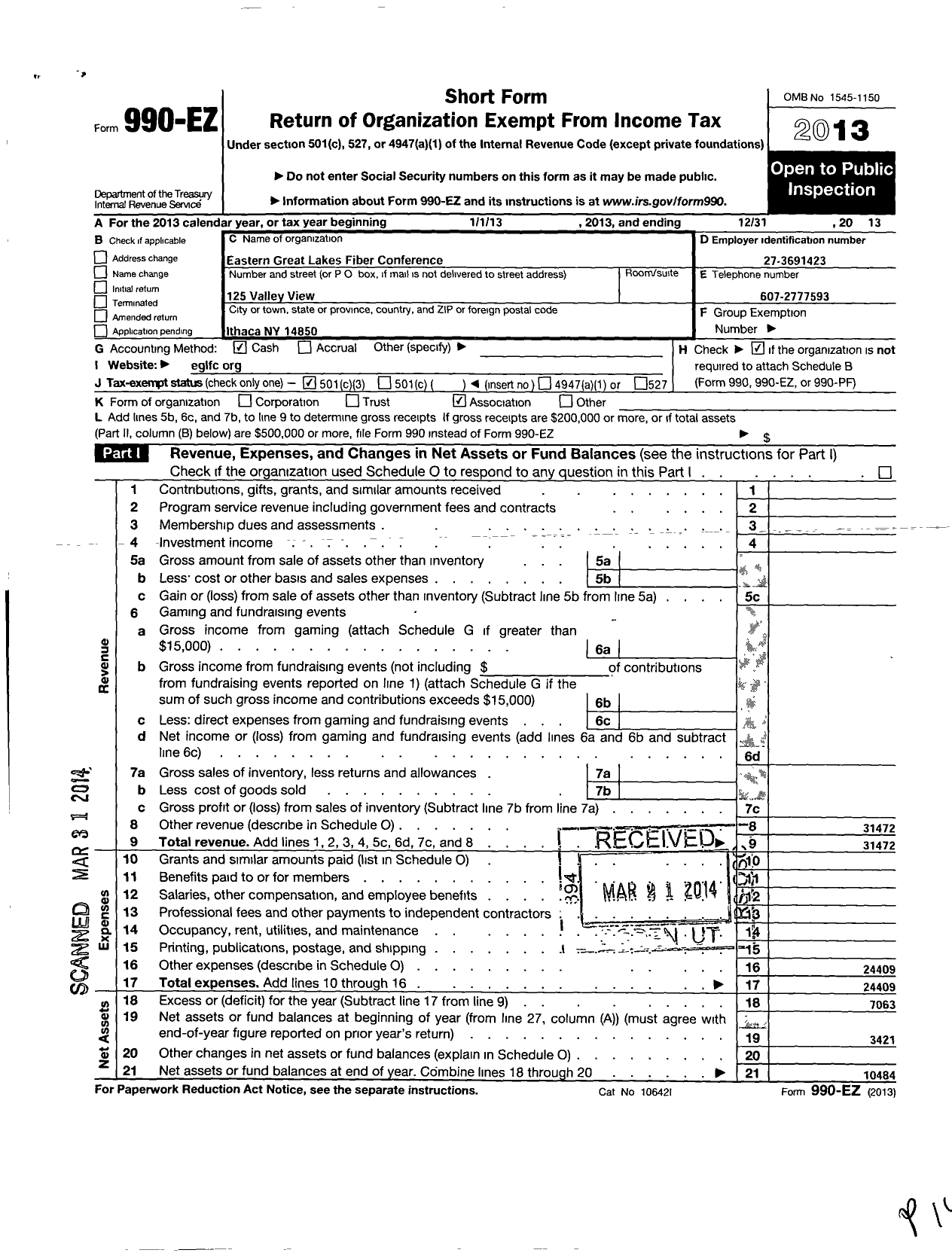 Image of first page of 2013 Form 990EZ for Eastern Great Lakes Fiber Conference