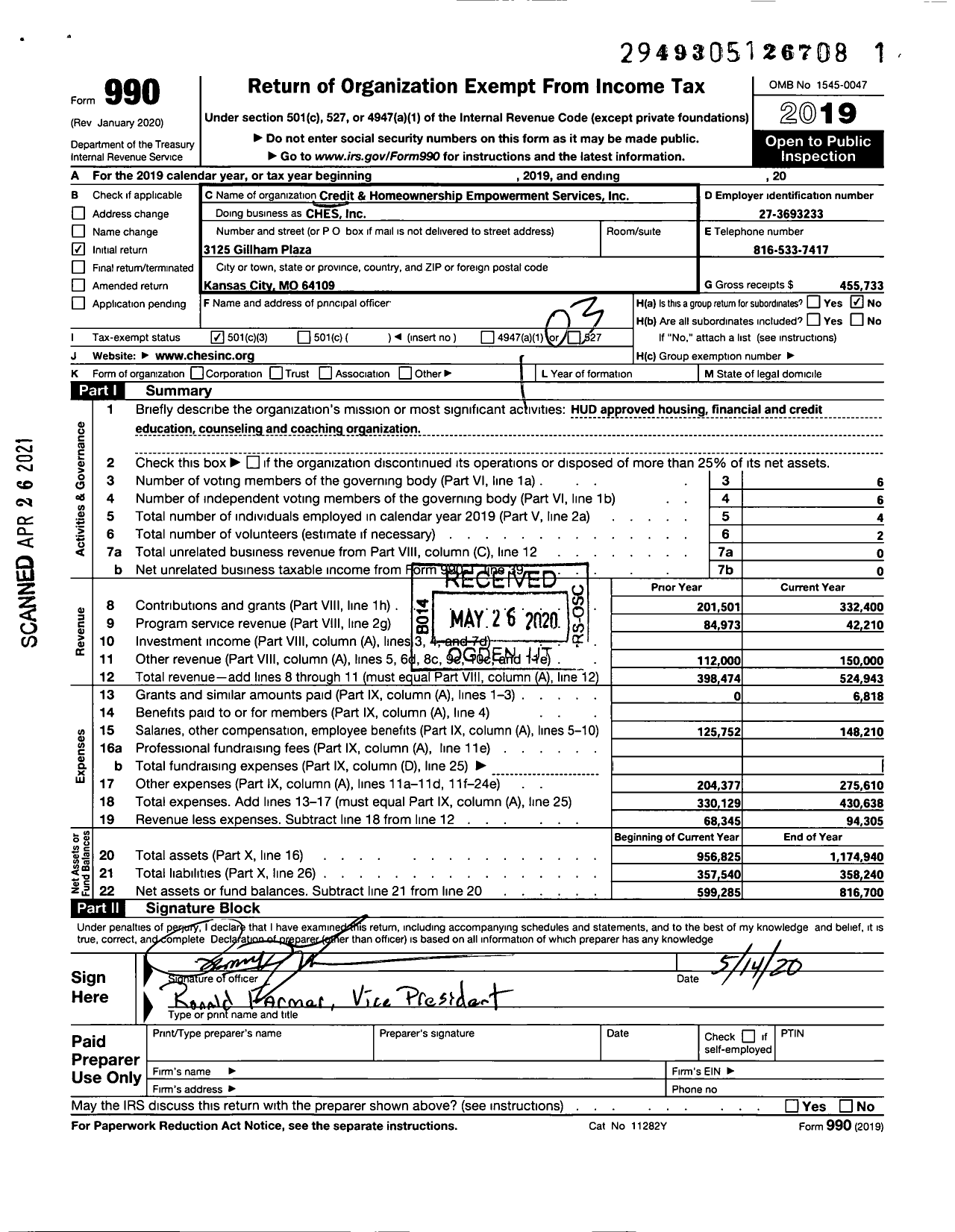 Image of first page of 2019 Form 990 for Credit and Homeownership Empowerment Services