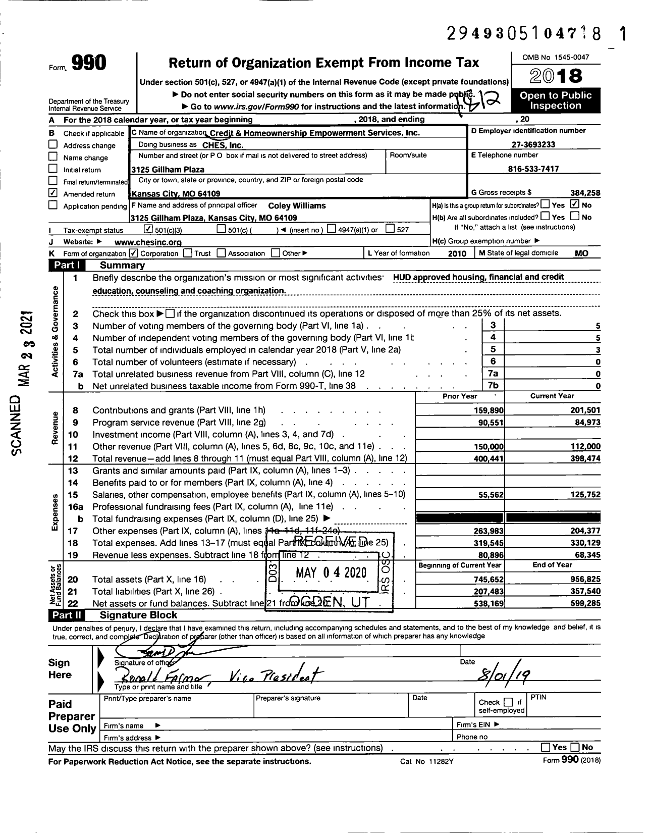 Image of first page of 2018 Form 990 for Credit and Homeownership Empowerment Services