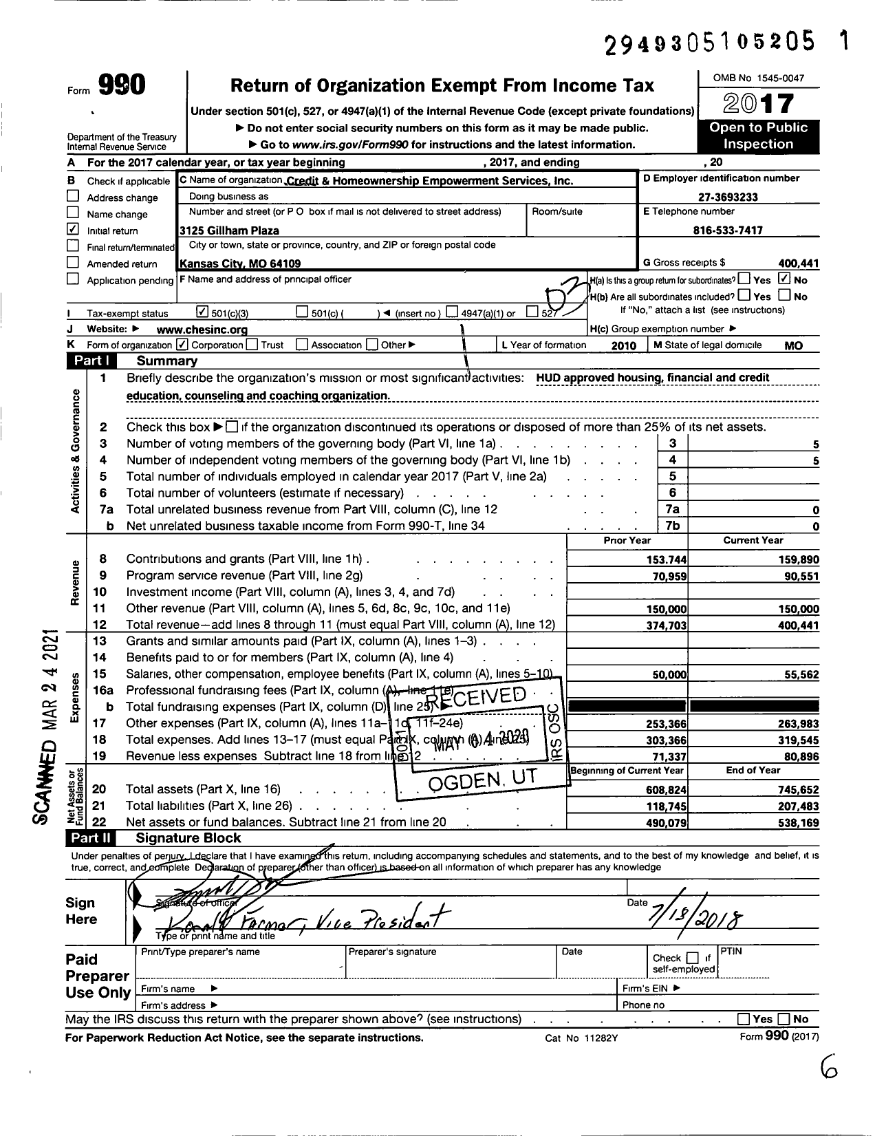 Image of first page of 2017 Form 990 for Credit and Homeownership Empowerment Services