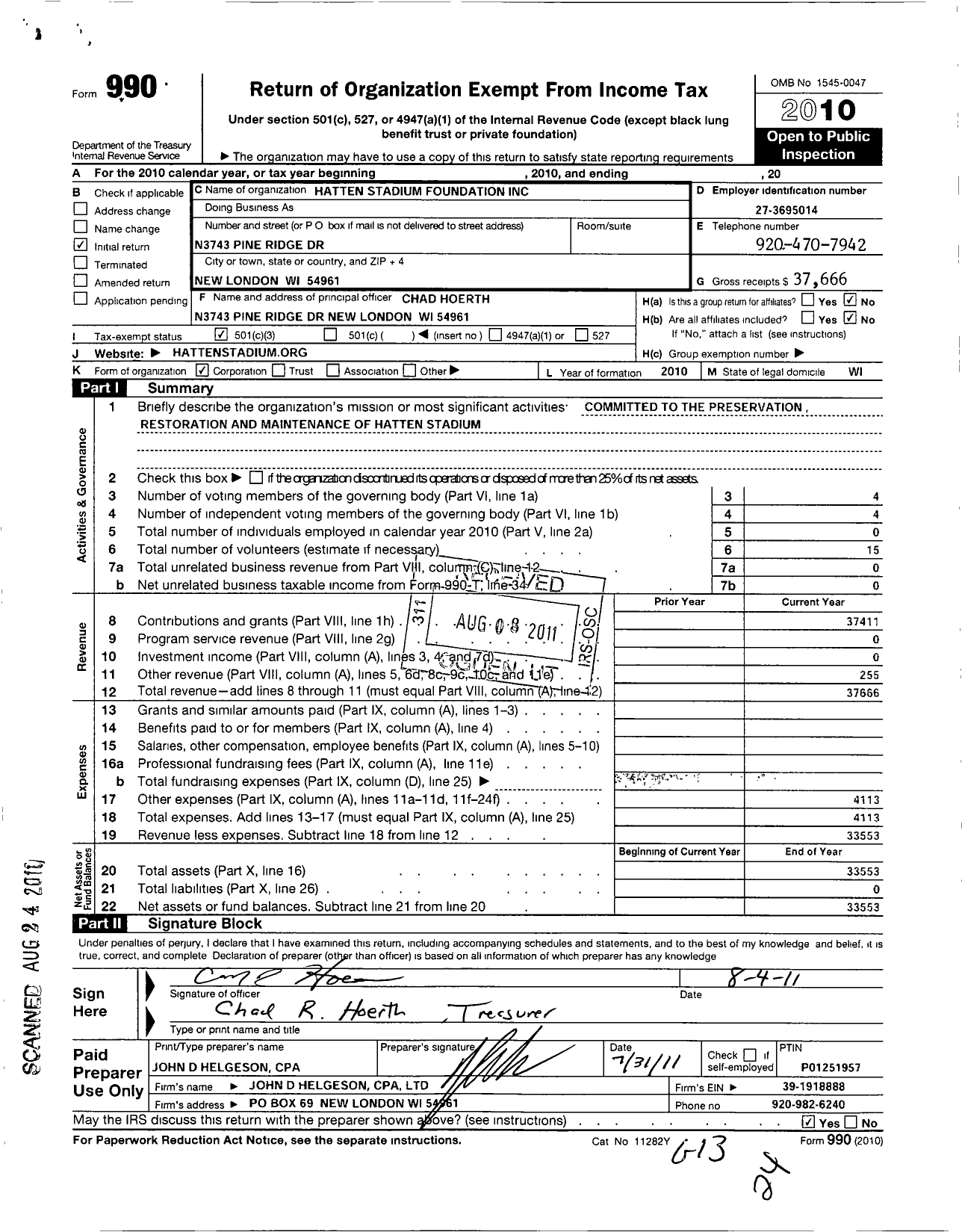 Image of first page of 2010 Form 990 for Hatten Stadium Foundation