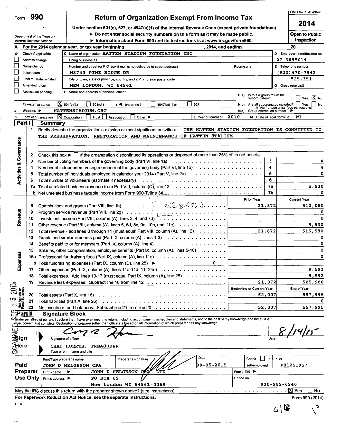 Image of first page of 2014 Form 990 for Hatten Stadium Foundation