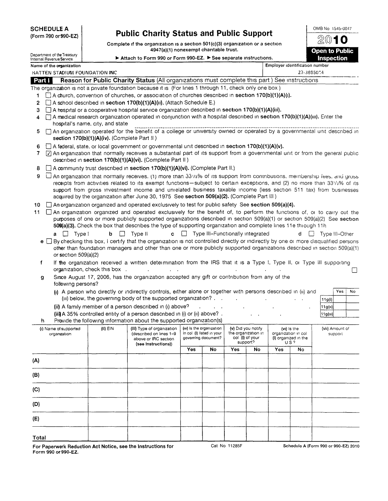 Image of first page of 2010 Form 990R for Hatten Stadium Foundation