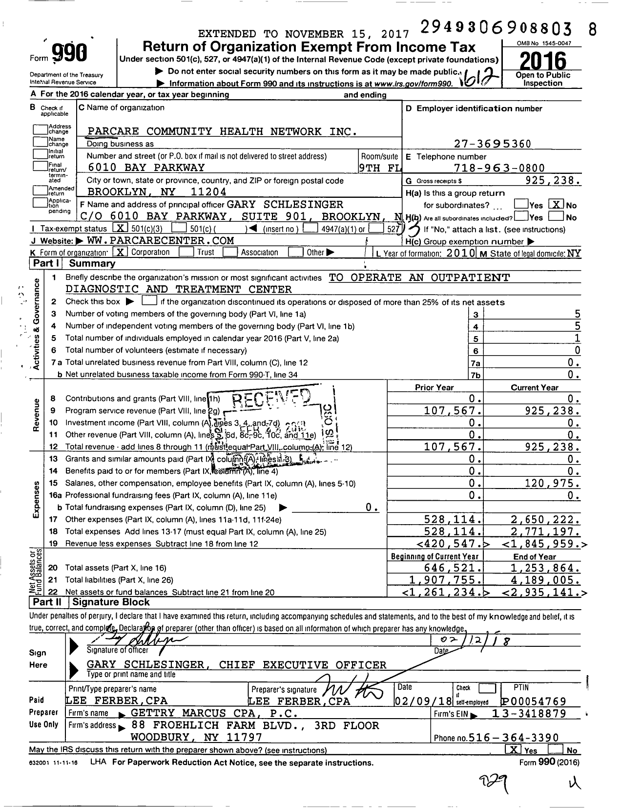 Image of first page of 2016 Form 990 for Parcare Community Health Network