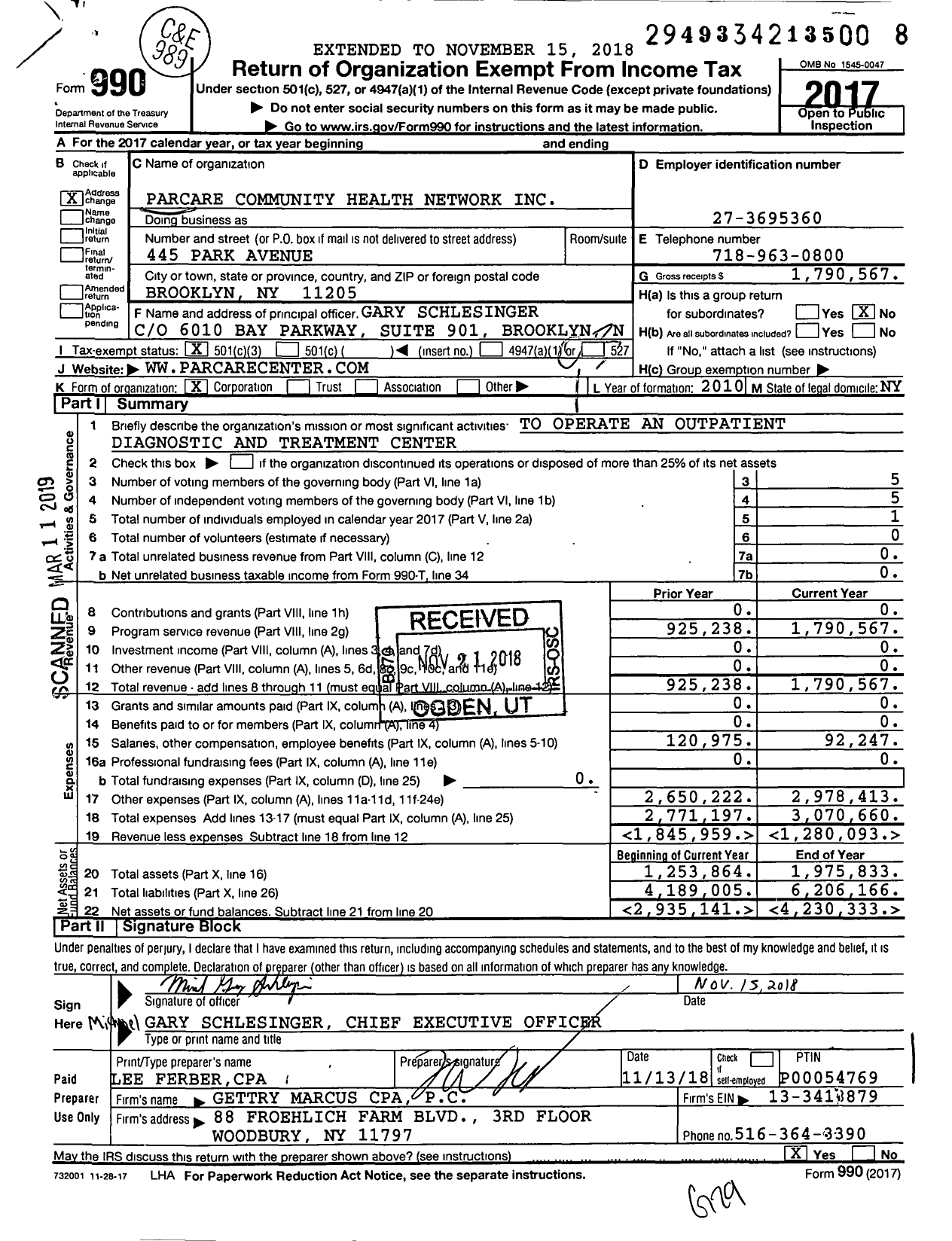 Image of first page of 2017 Form 990 for Parcare Community Health Network