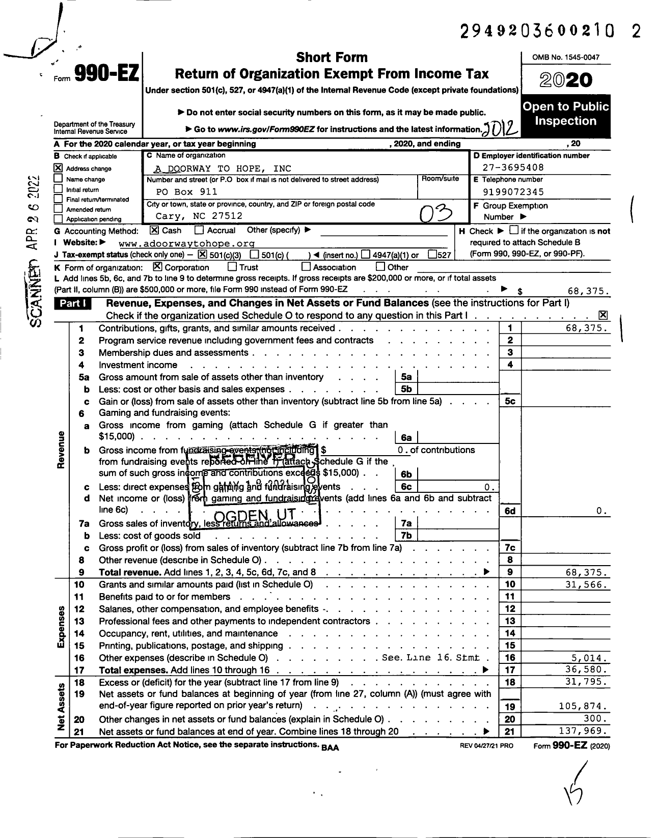 Image of first page of 2020 Form 990EZ for A Doorway to Hope