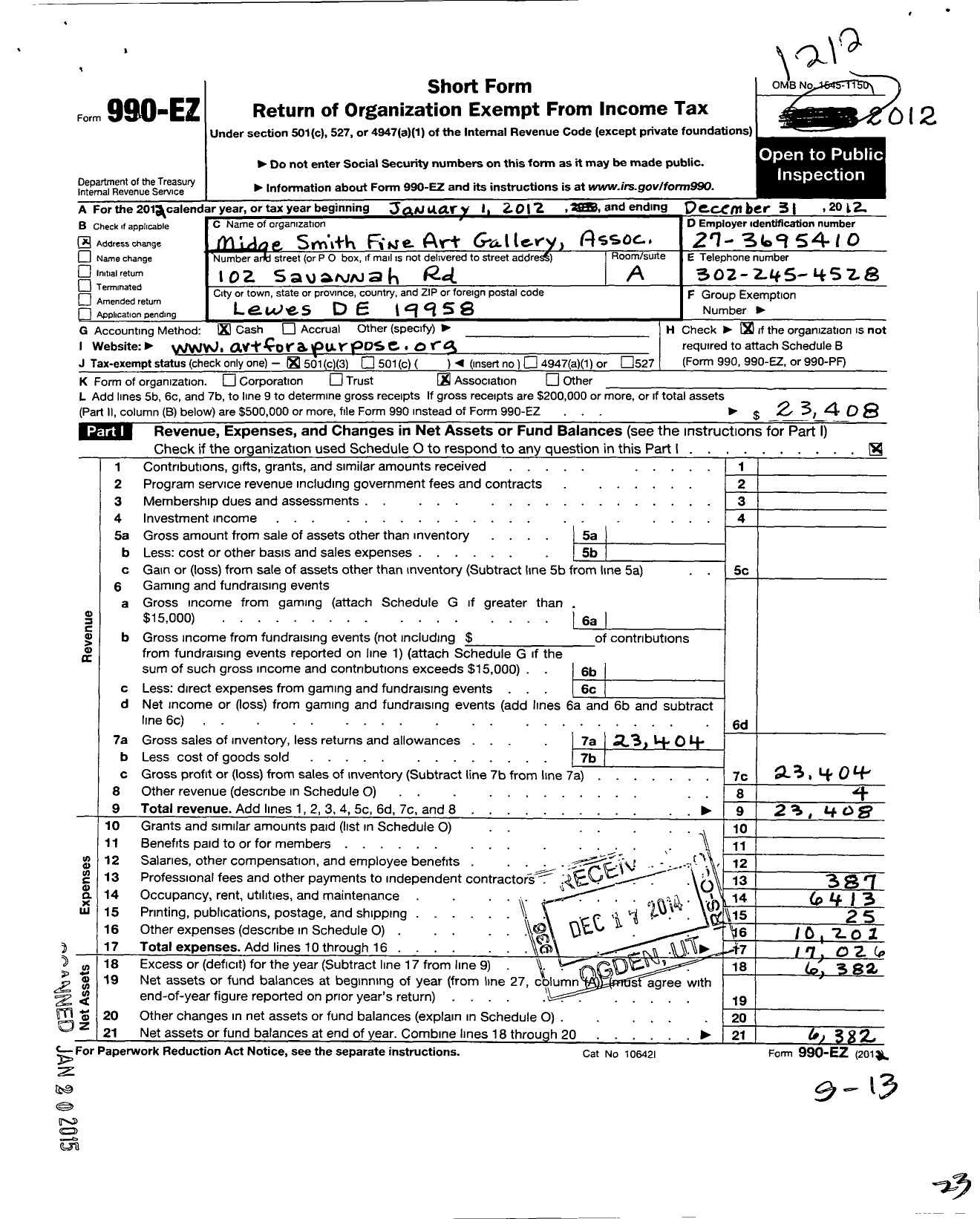 Image of first page of 2012 Form 990EZ for Midge Smith Fine Art Gallery