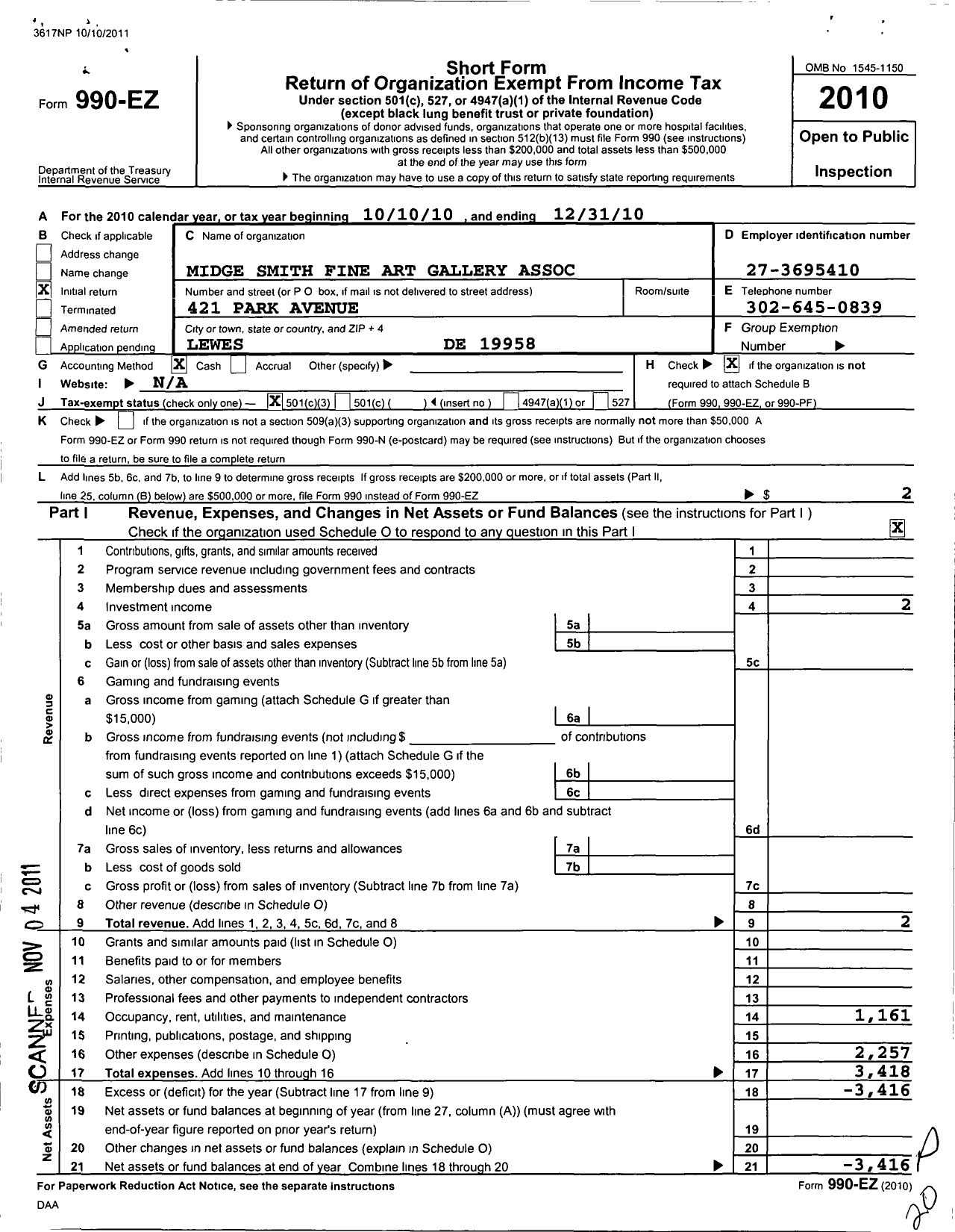 Image of first page of 2010 Form 990EZ for Midge Smith Fine Art Gallery