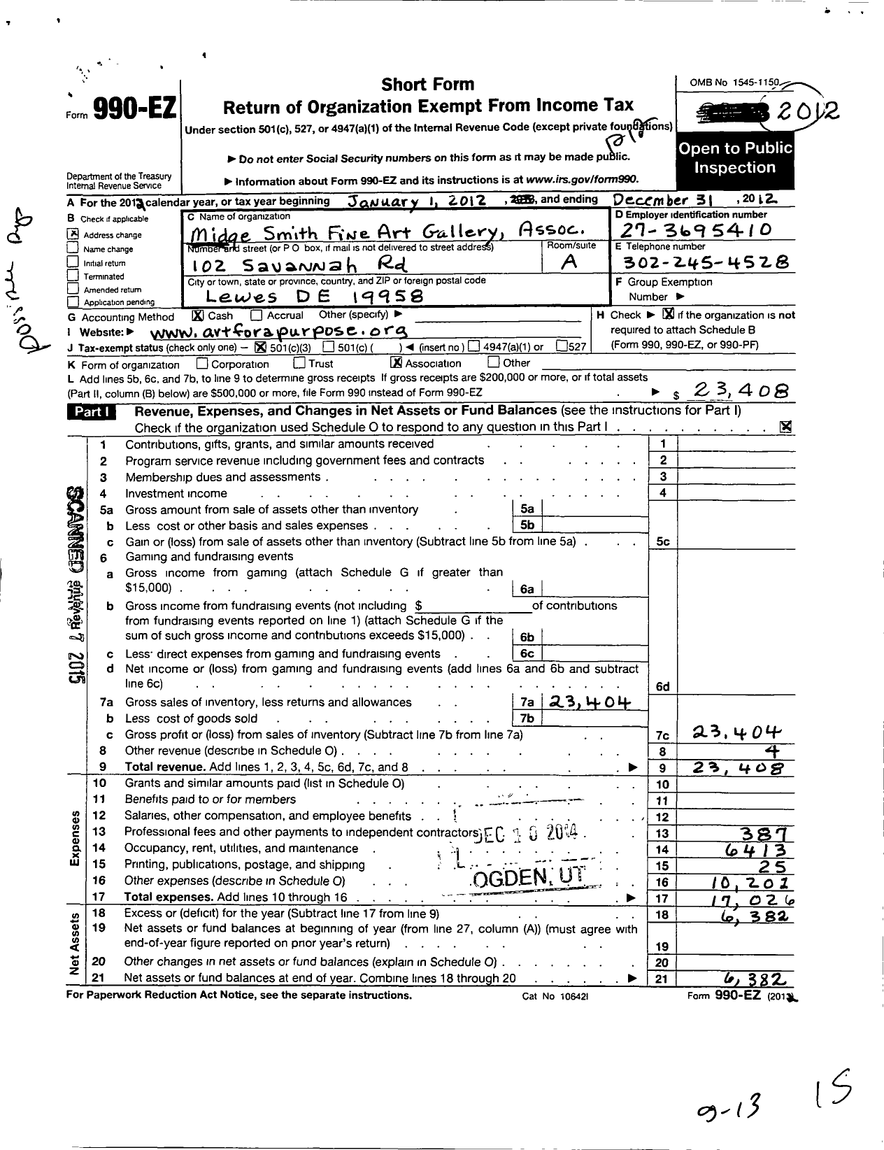 Image of first page of 2012 Form 990EZ for Midge Smith Fine Art Gallery