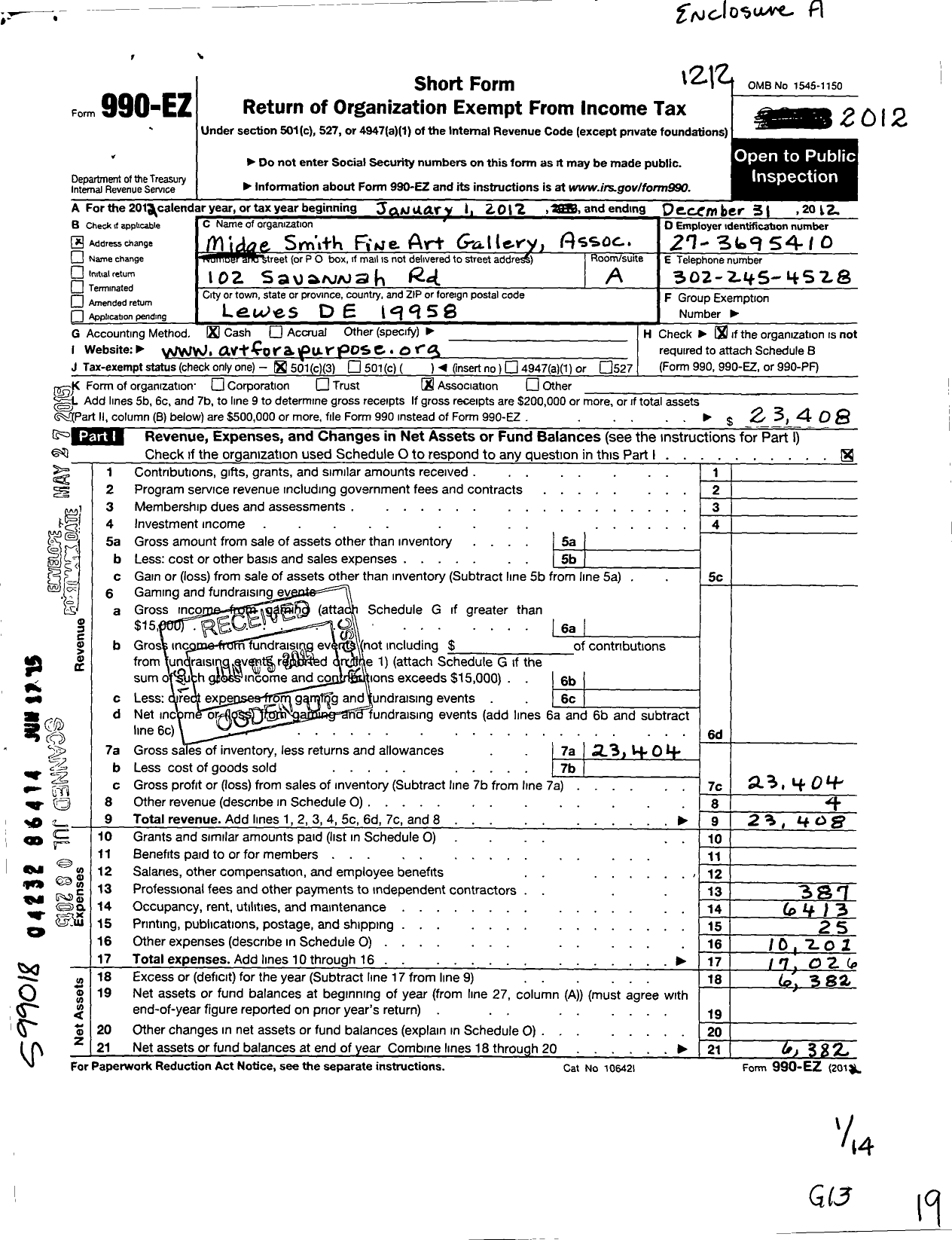 Image of first page of 2012 Form 990EZ for Midge Smith Fine Art Gallery