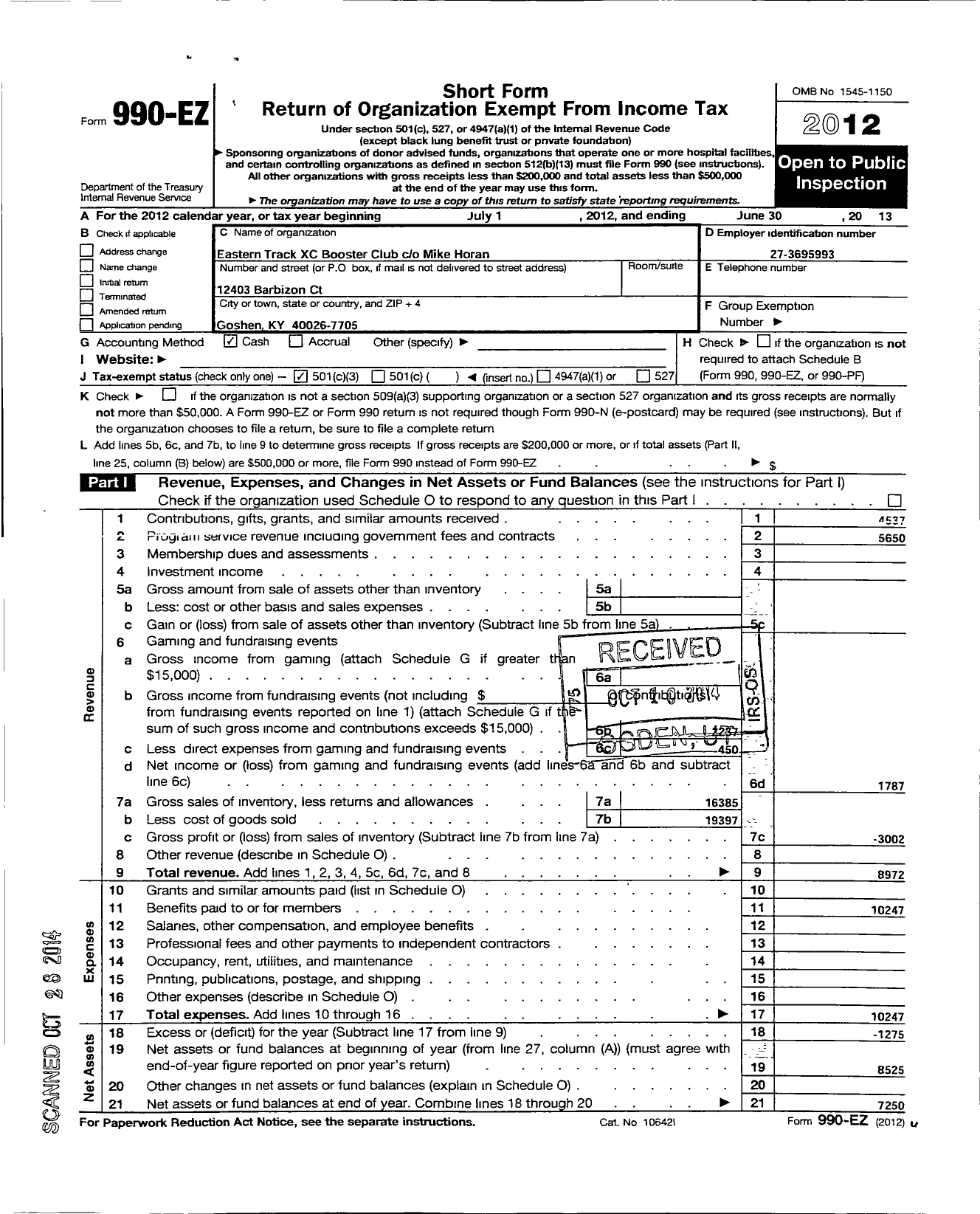 Image of first page of 2012 Form 990EZ for Eastern Track XC Booster Club