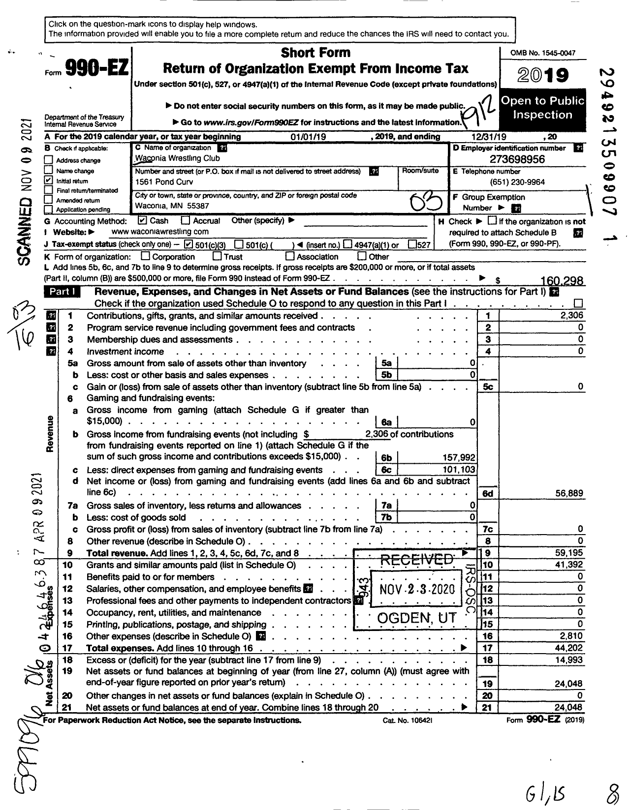 Image of first page of 2019 Form 990EZ for Waconia Wrestling Club