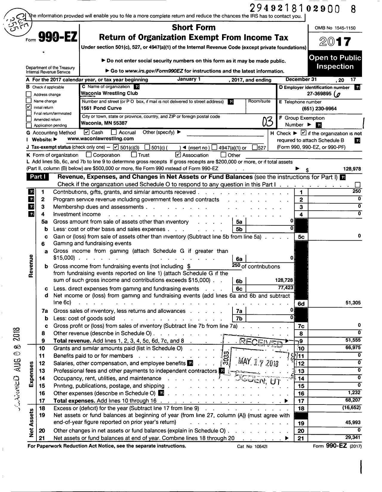 Image of first page of 2017 Form 990EZ for Waconia Wrestling Club