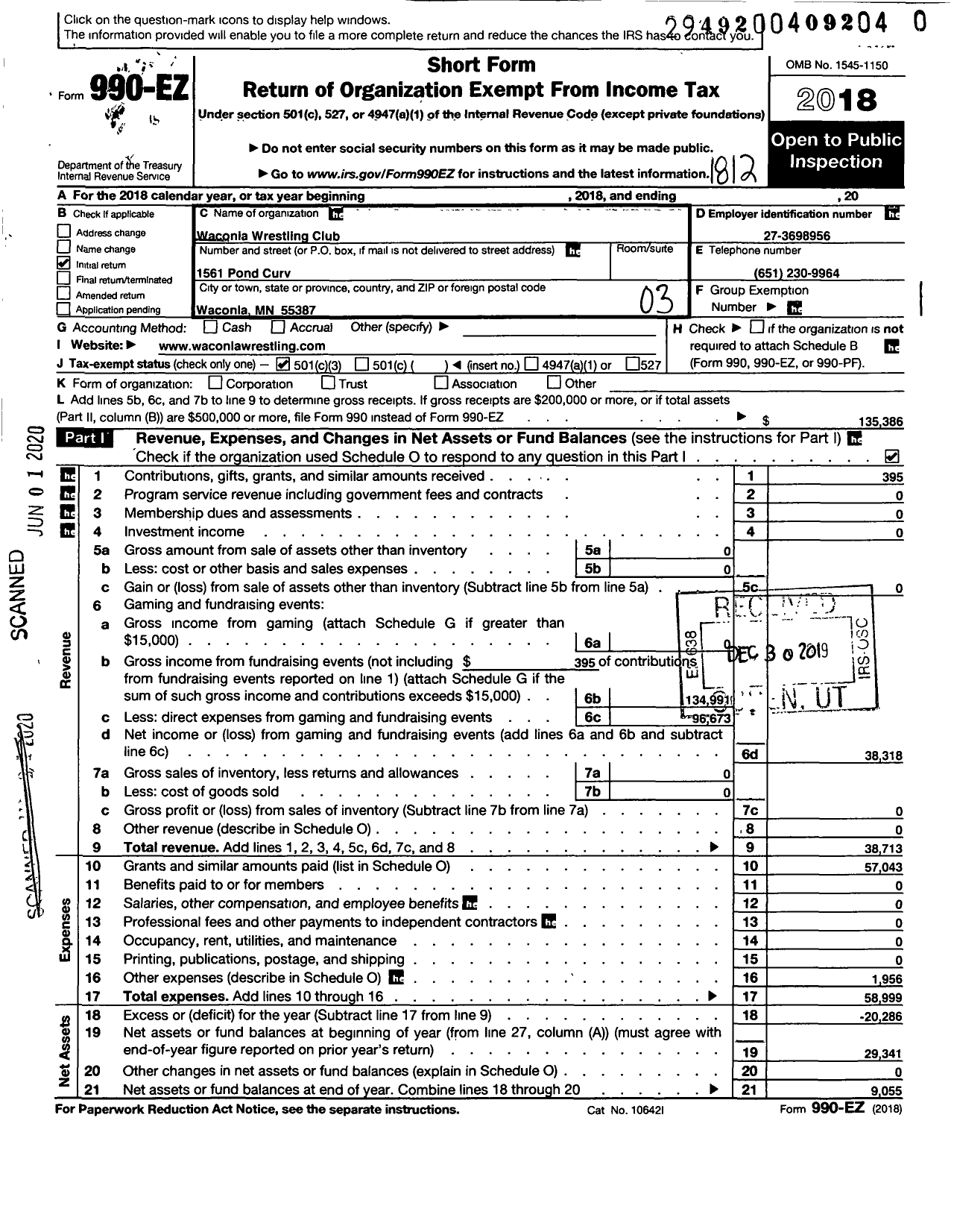 Image of first page of 2018 Form 990EZ for Waconia Wrestling Club