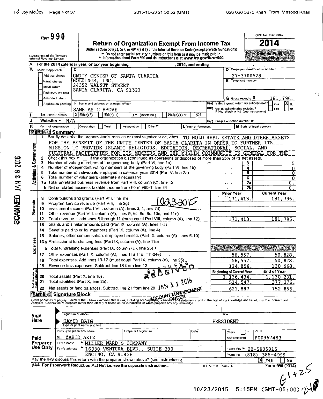 Image of first page of 2014 Form 990 for Unity Center of Santa Clarita Holdings