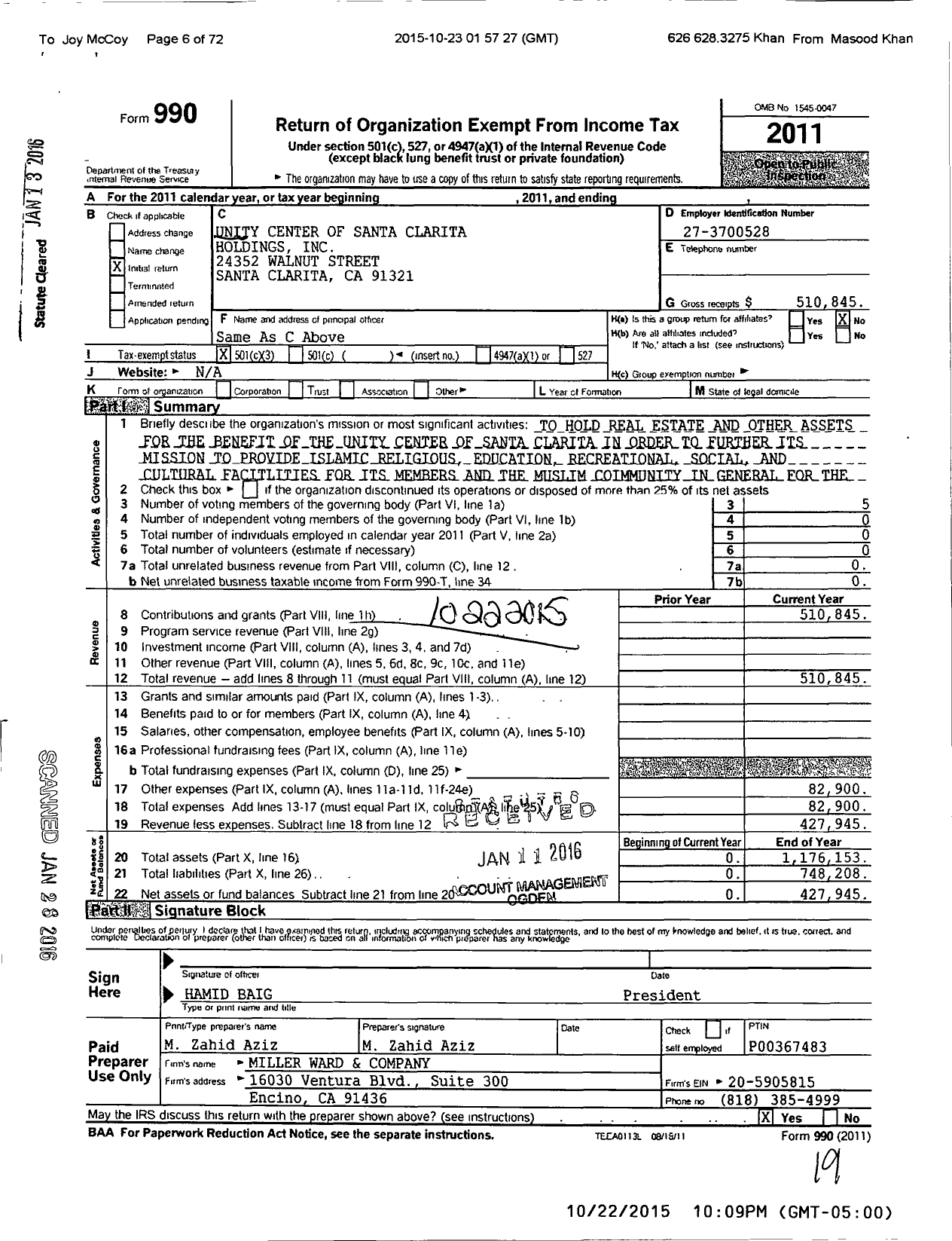 Image of first page of 2011 Form 990 for Unity Center of Santa Clarita Holdings