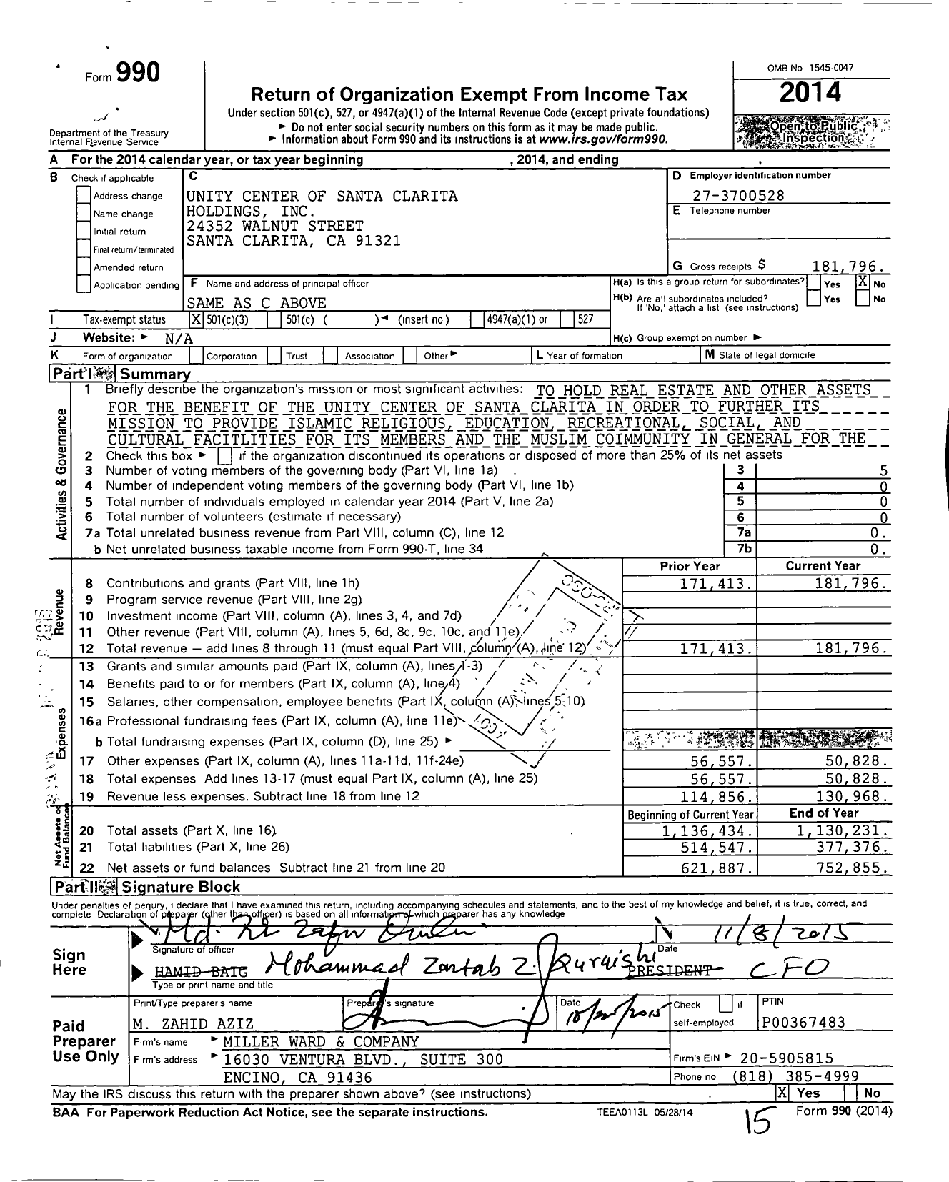 Image of first page of 2014 Form 990 for Unity Center of Santa Clarita Holdings