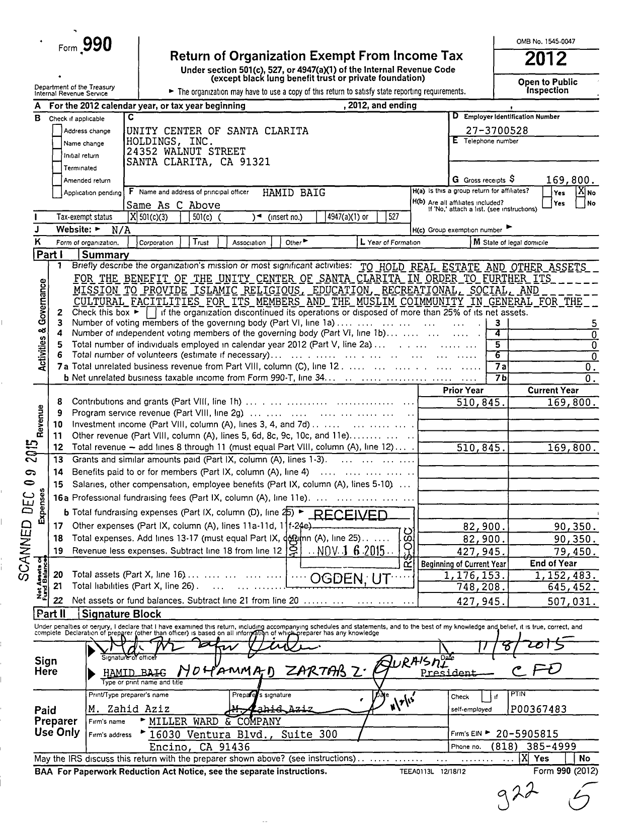 Image of first page of 2012 Form 990 for Unity Center of Santa Clarita Holdings