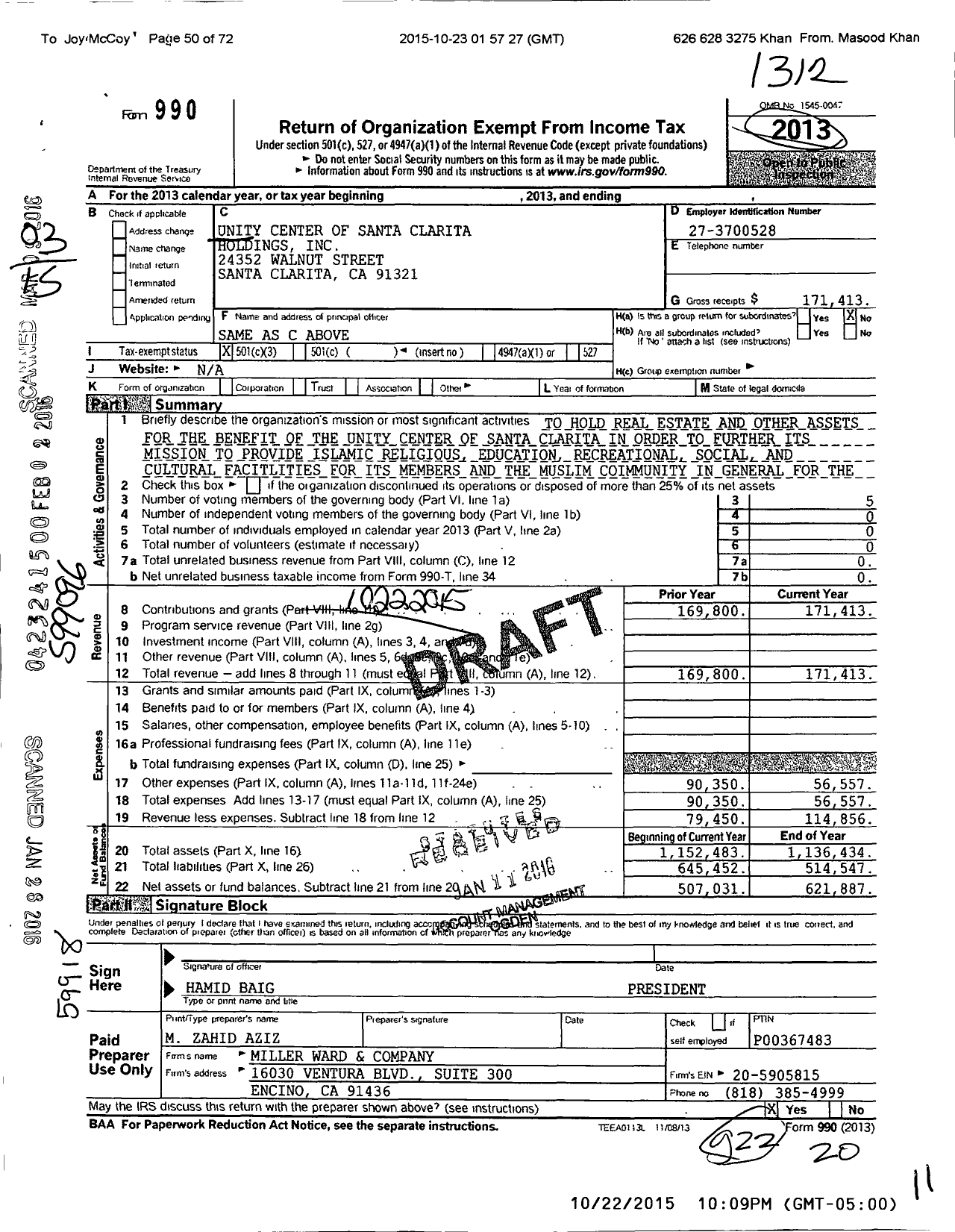 Image of first page of 2013 Form 990 for Unity Center of Santa Clarita Holdings