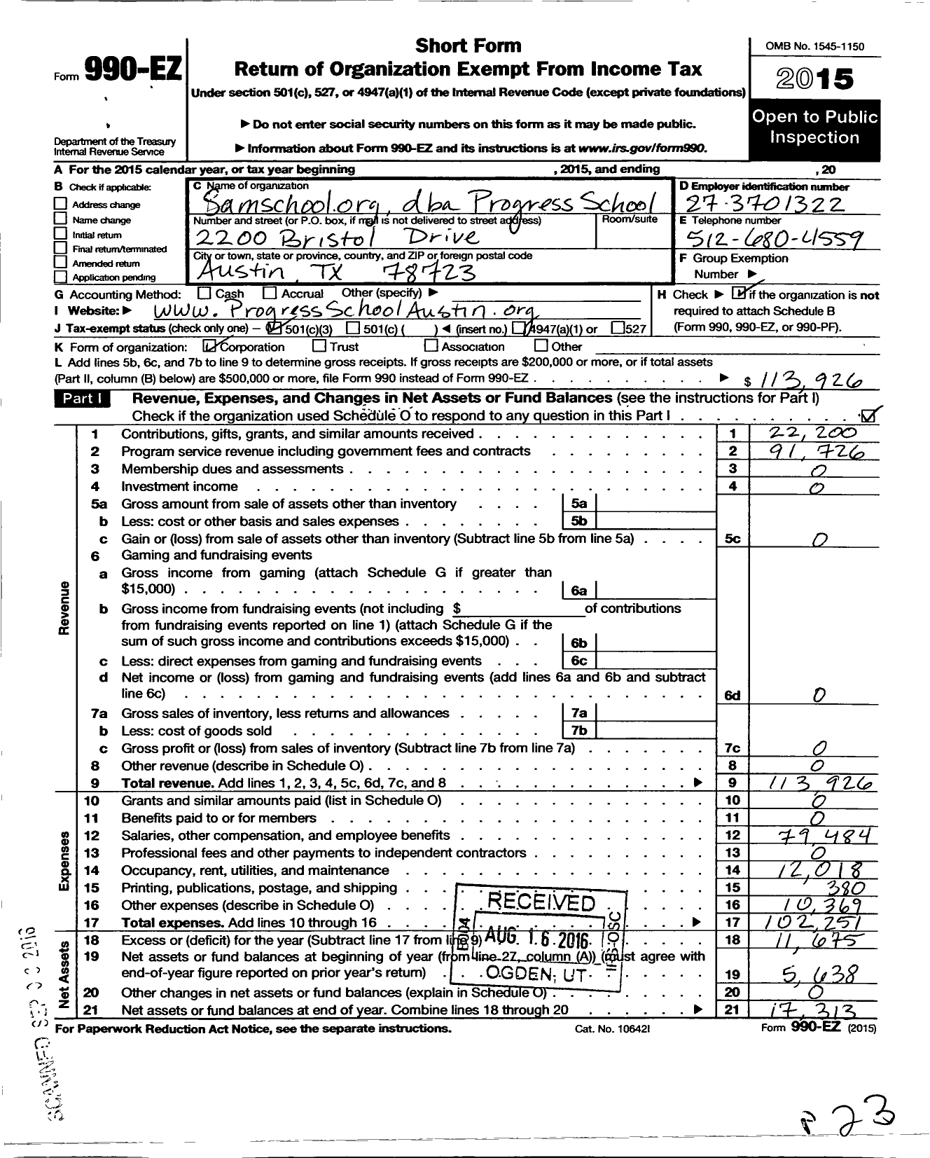 Image of first page of 2015 Form 990EZ for Samschoolorg