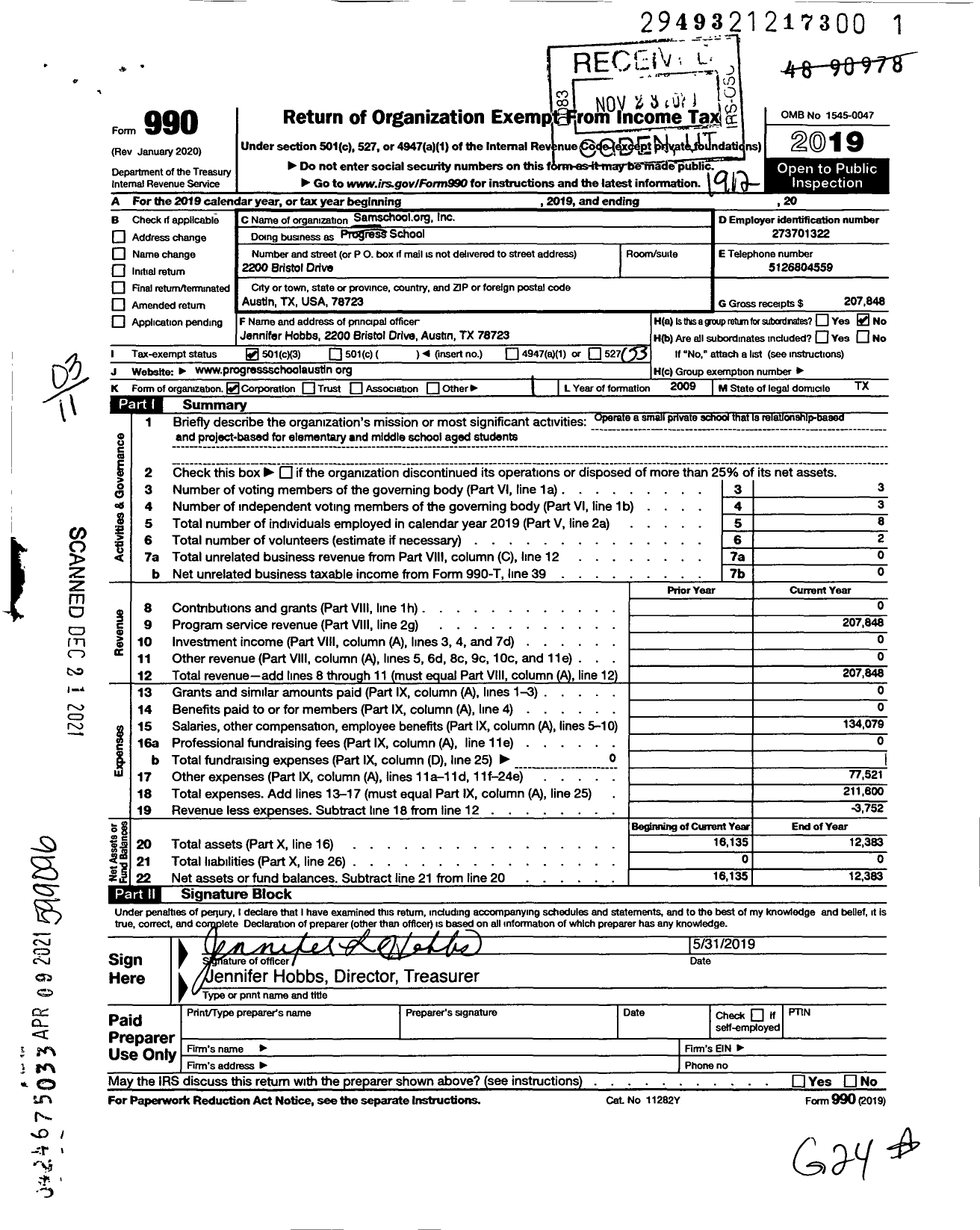 Image of first page of 2019 Form 990 for Samschoolorg