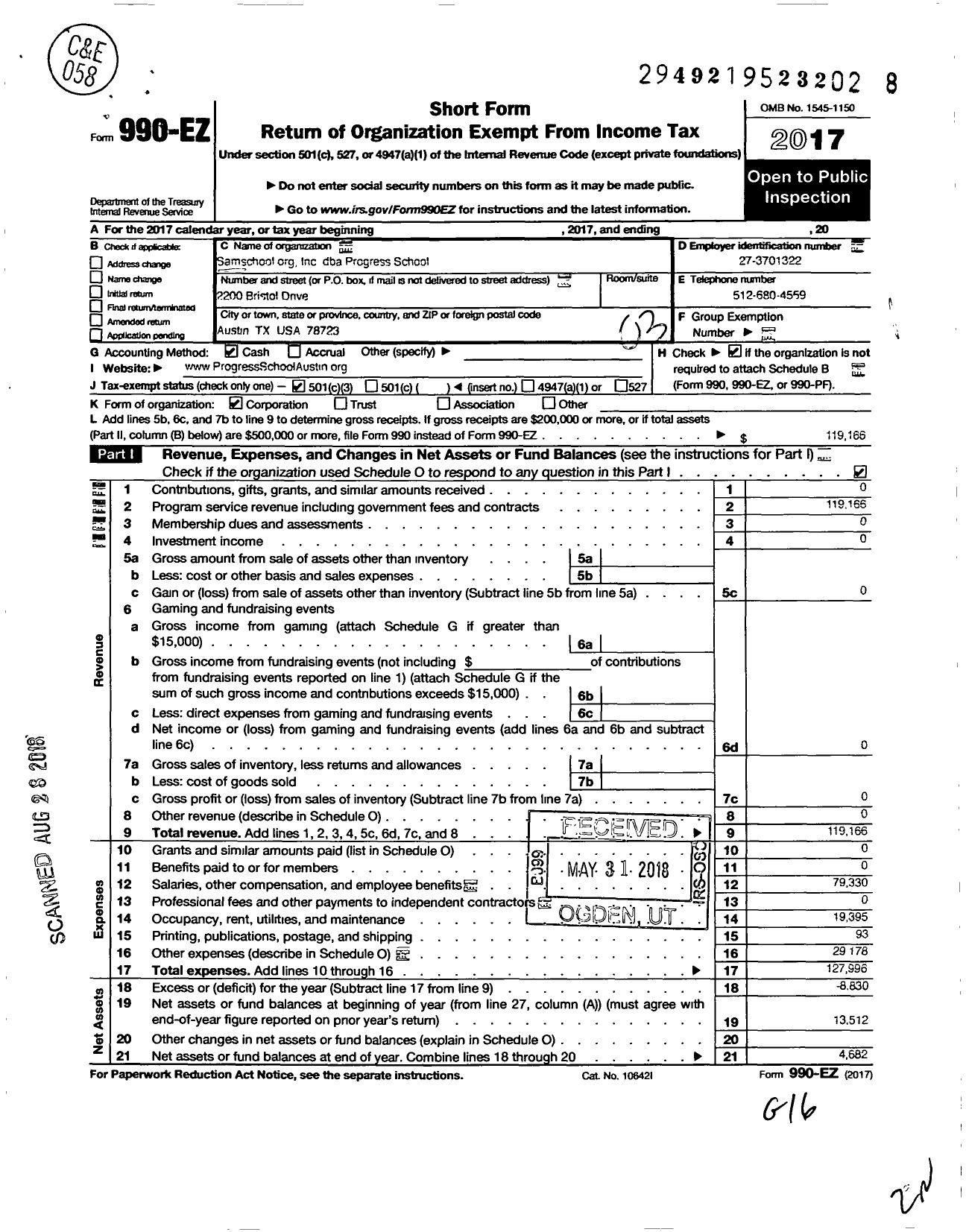 Image of first page of 2017 Form 990EZ for Samschoolorg