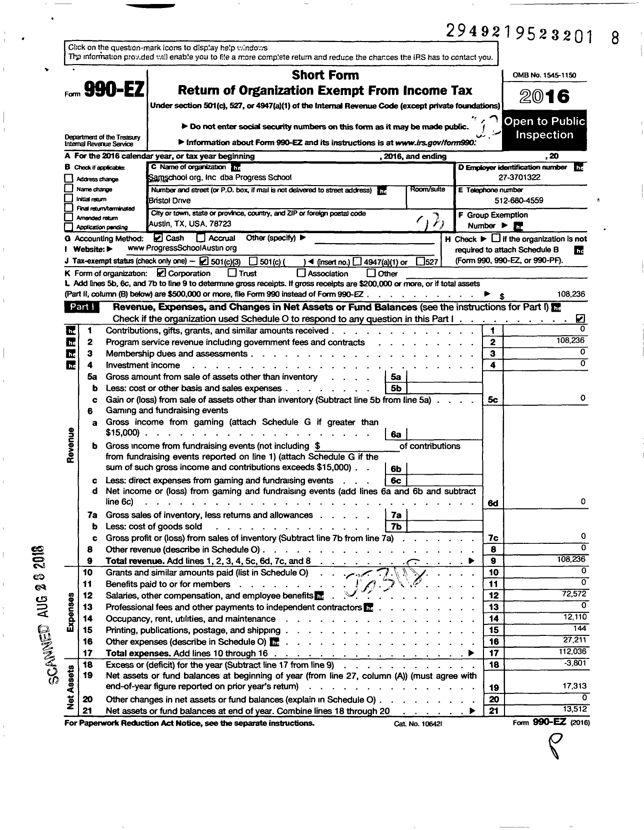 Image of first page of 2016 Form 990EZ for Samschoolorg
