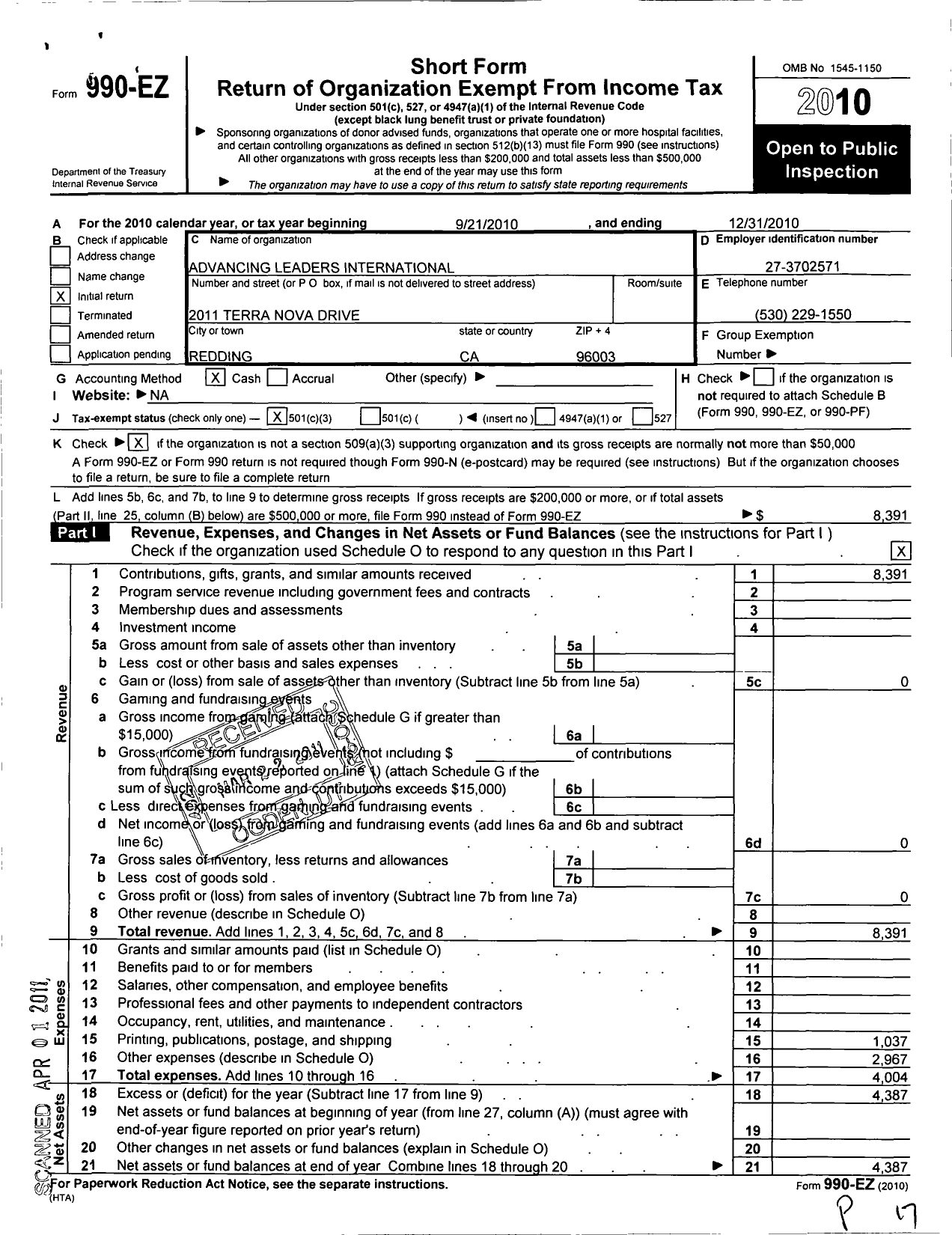 Image of first page of 2010 Form 990EZ for Advancing Leaders International