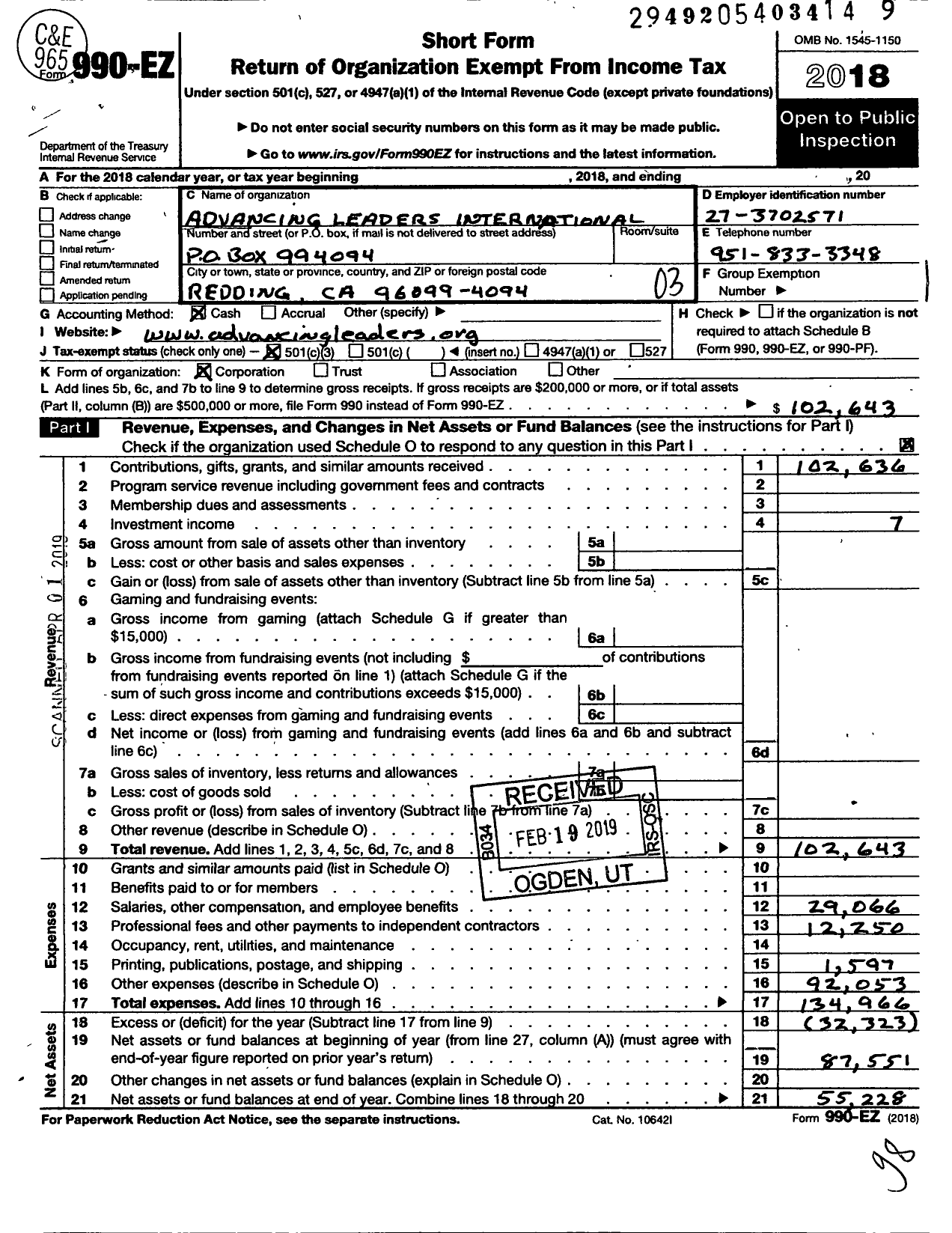 Image of first page of 2018 Form 990EZ for Advancing Leaders International