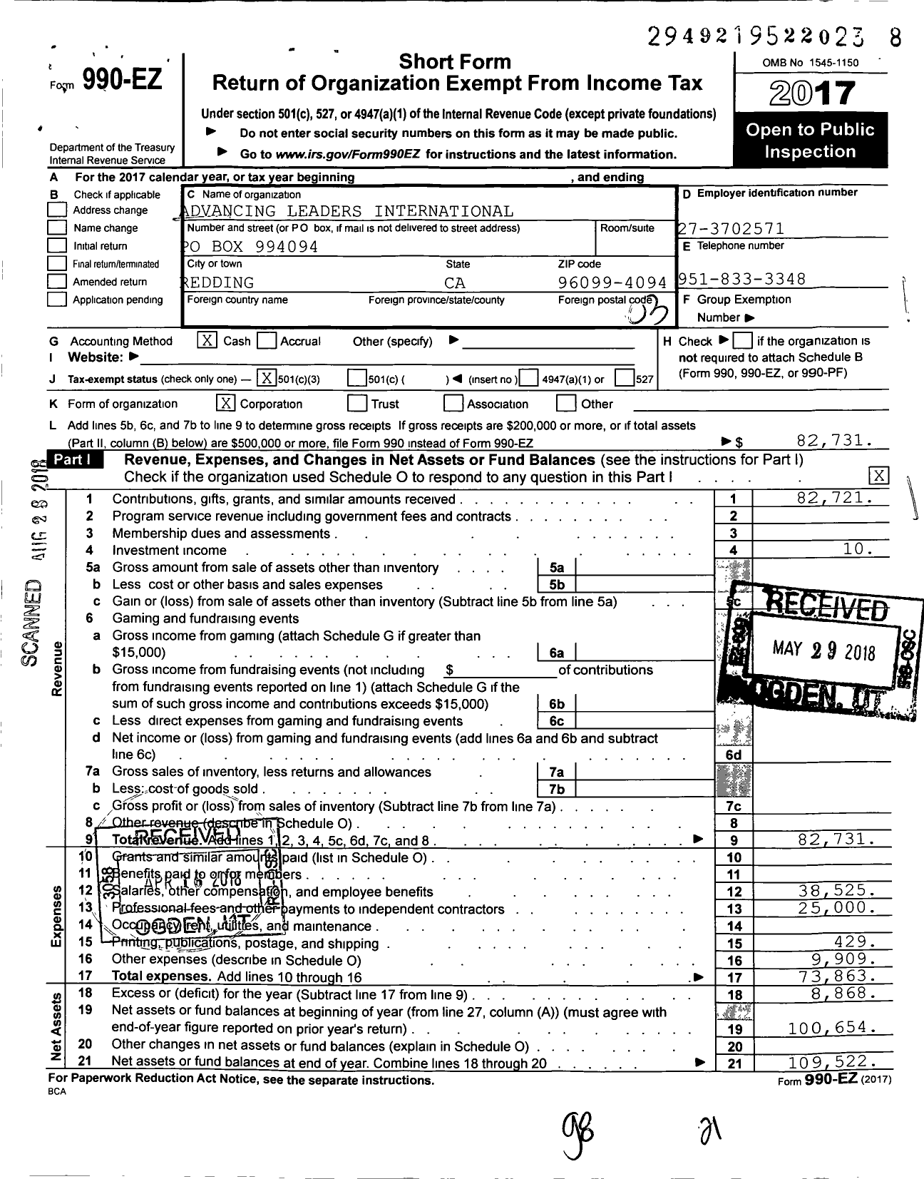 Image of first page of 2017 Form 990EZ for Advancing Leaders International