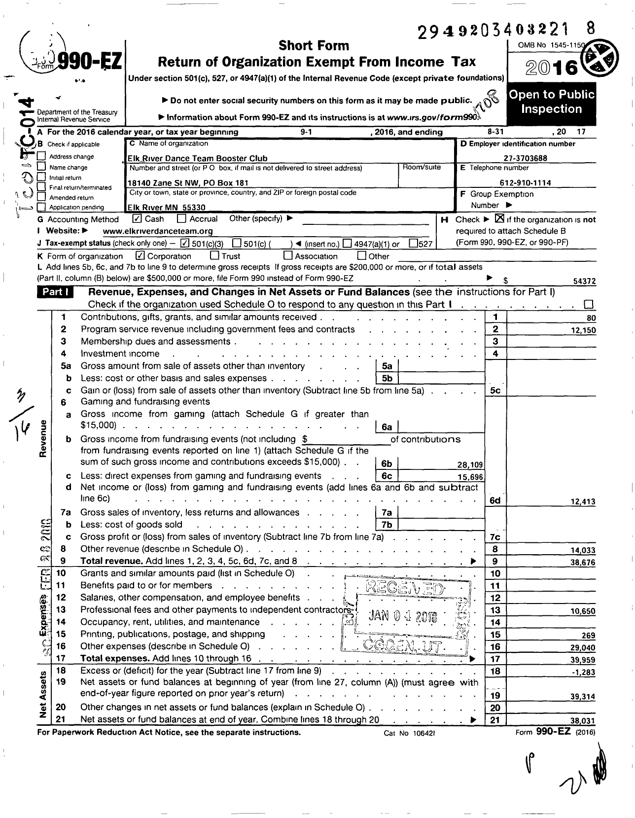 Image of first page of 2016 Form 990EZ for Parent Booster USA / Elk River Dance Team Booster Club