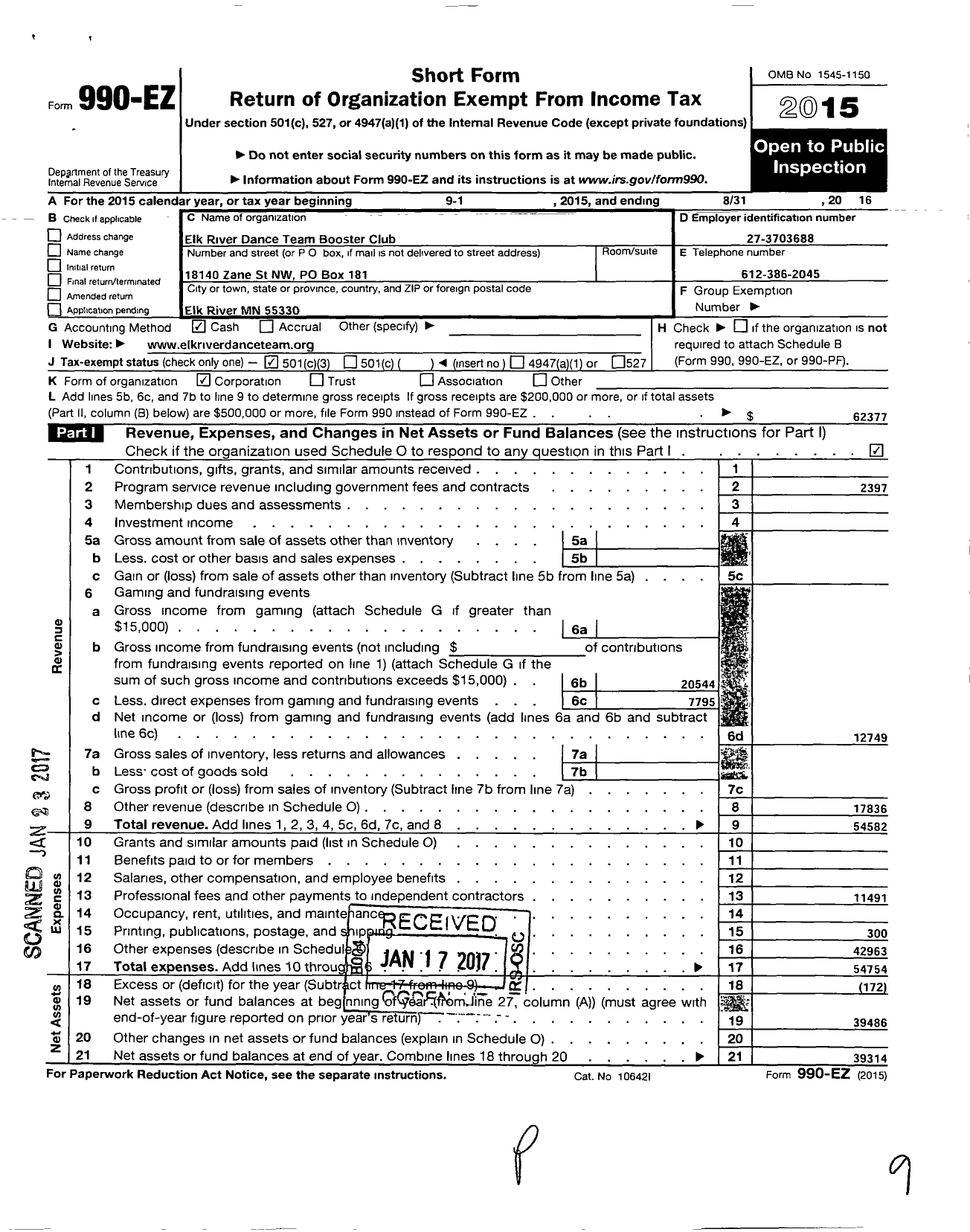 Image of first page of 2015 Form 990EZ for Parent Booster USA / Elk River Dance Team Booster Club